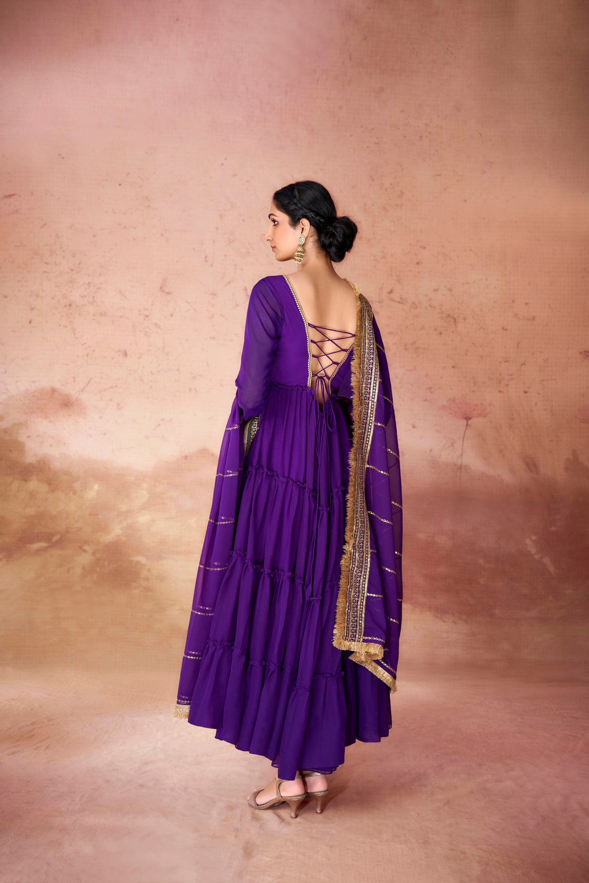 Luxury Faux Georgette 16 Meter Flair Gown with Ruffle Detailing & Sequins Dupatta