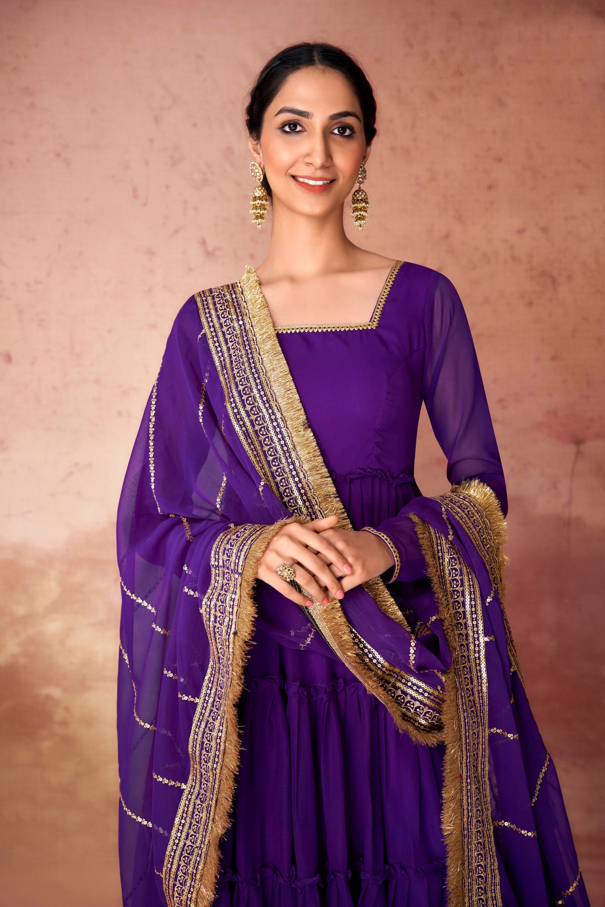 Luxury Faux Georgette 16 Meter Flair Gown with Ruffle Detailing & Sequins Dupatta