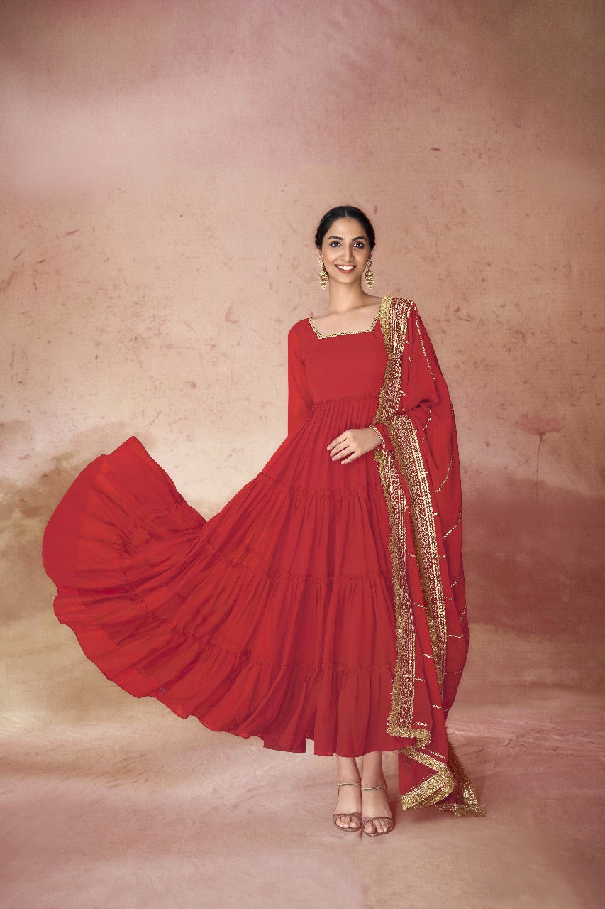 Designer Festive Faux Georgette Ruffle Gown with Sequins Embroidered Dupatta
