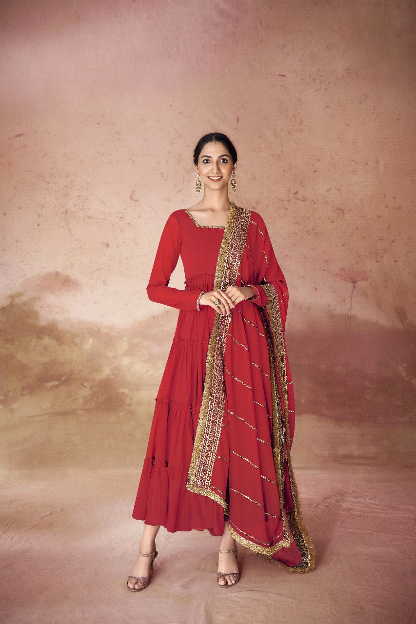 Designer Festive Faux Georgette Ruffle Gown with Sequins Embroidered Dupatta