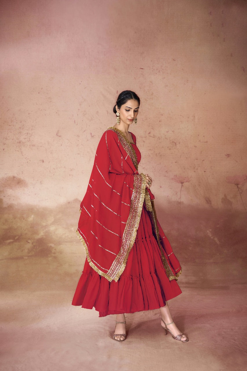 Designer Festive Faux Georgette Ruffle Gown with Sequins Embroidered Dupatta