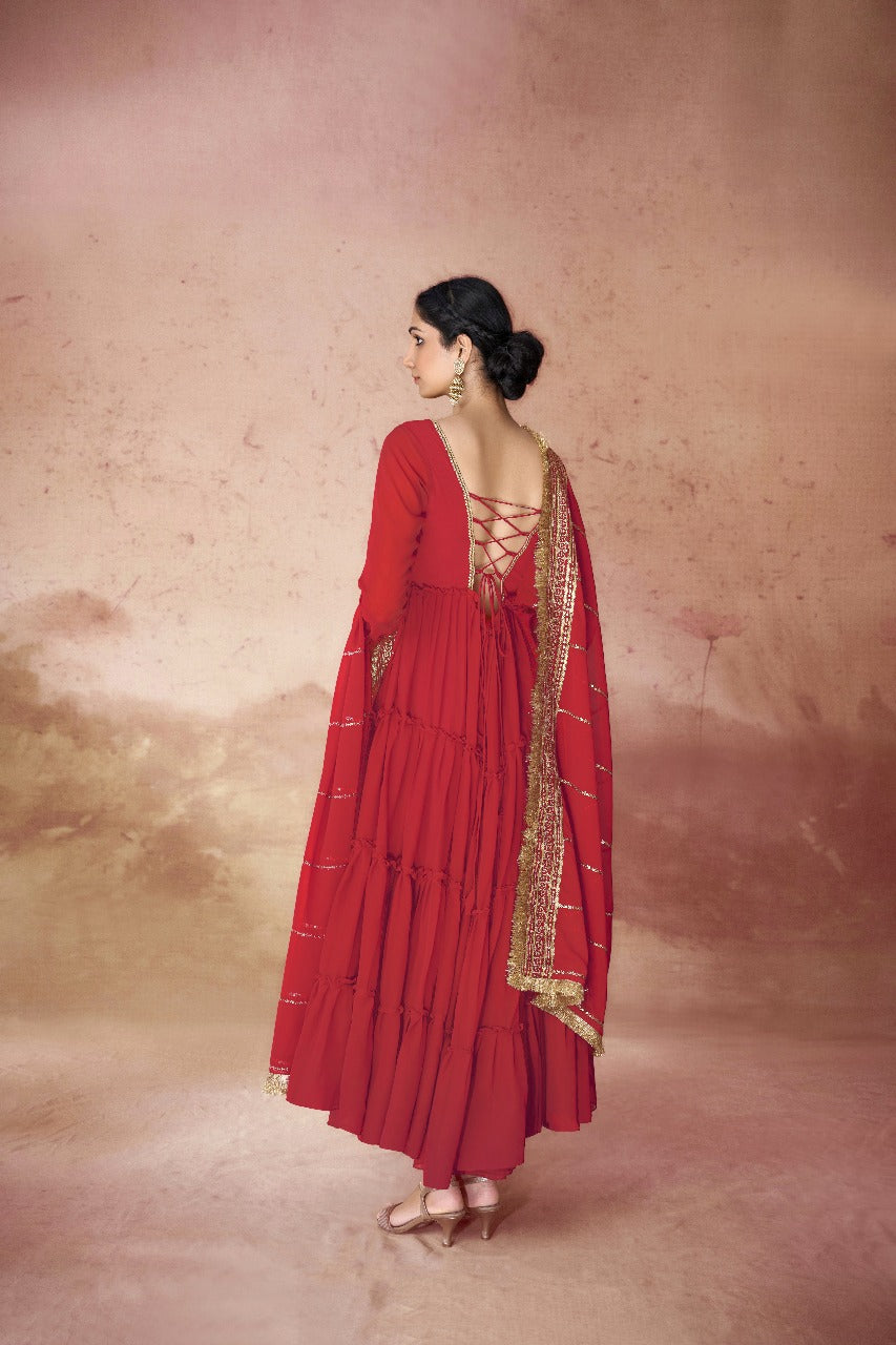 Designer Festive Faux Georgette Ruffle Gown with Sequins Embroidered Dupatta