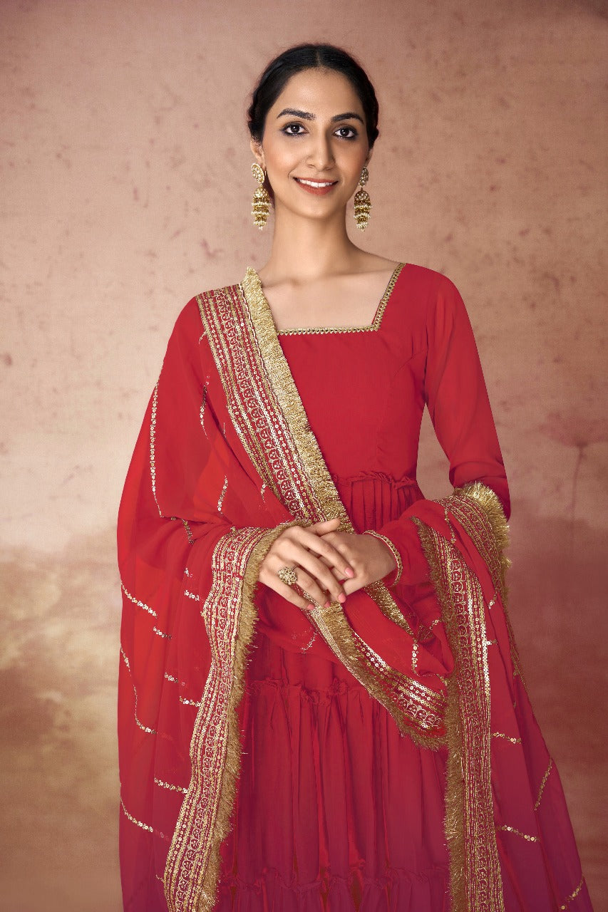Designer Festive Faux Georgette Ruffle Gown with Sequins Embroidered Dupatta