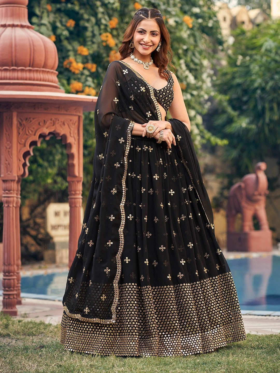 Elegant Georgette Lehenga Set with 7-MM Sequins & Zari Embroidery