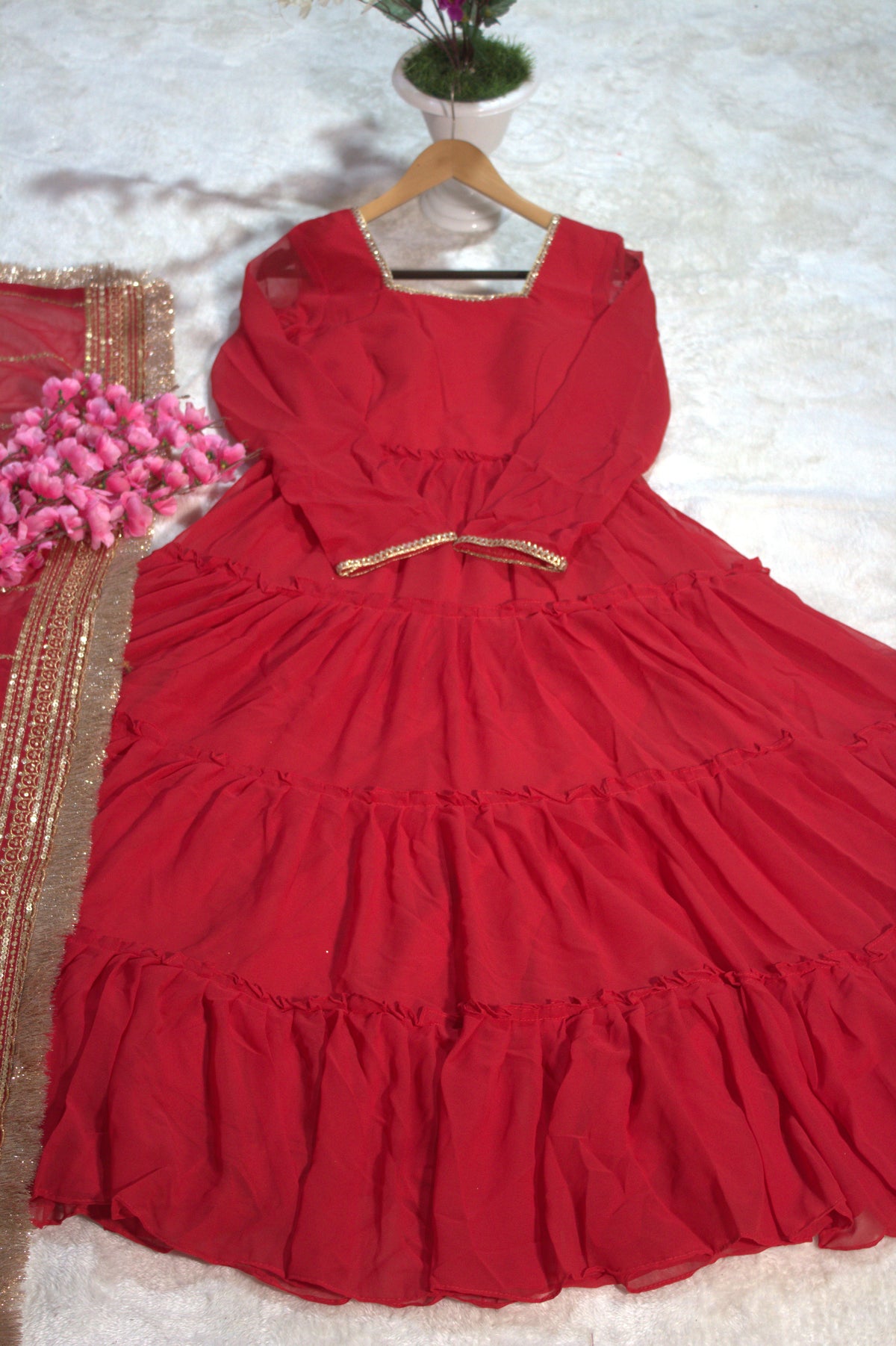 Designer Festive Faux Georgette Ruffle Gown with Sequins Embroidered Dupatta