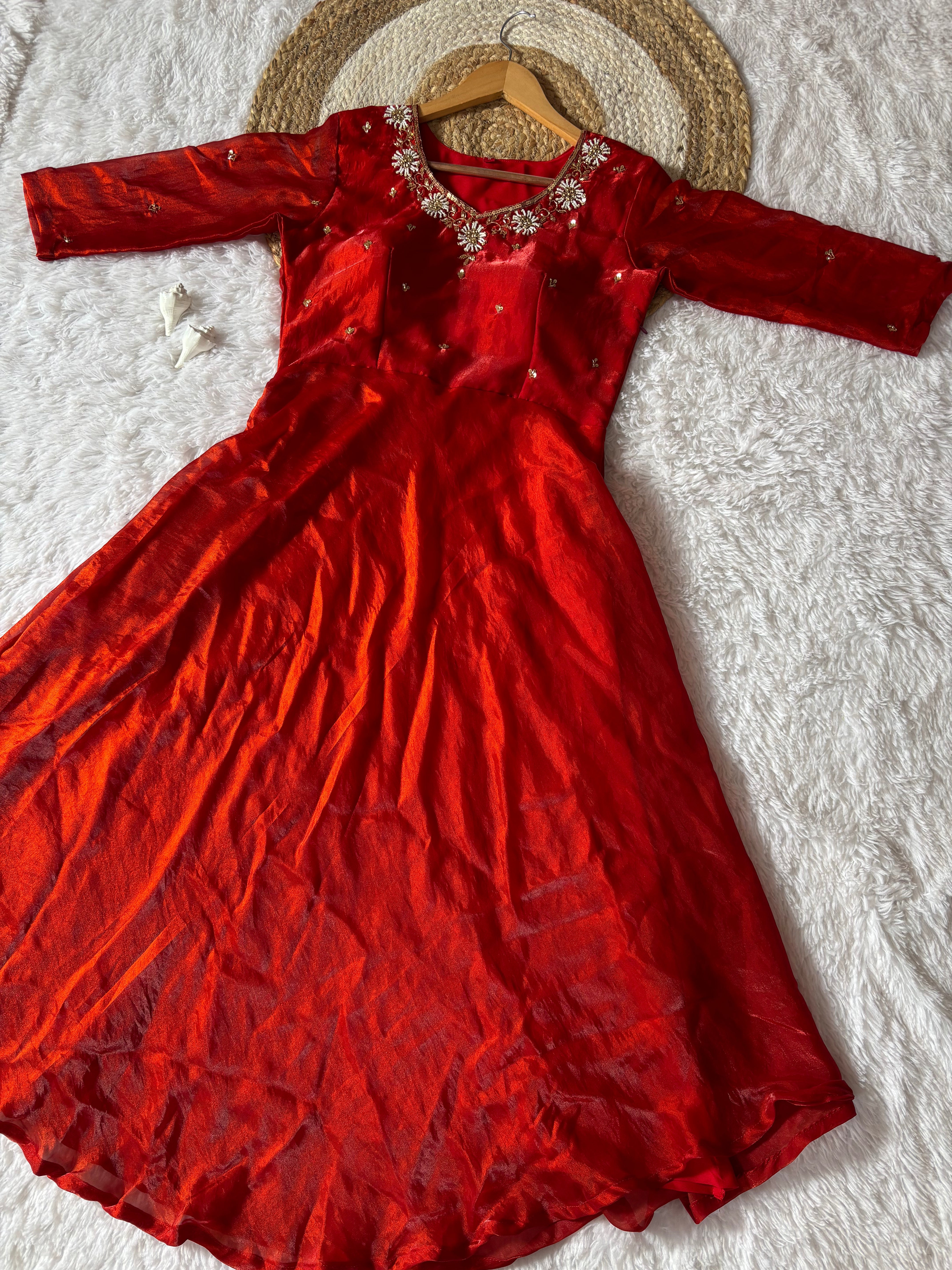 Rani Red Space Silk Anarkali Gown with Moti Handwork