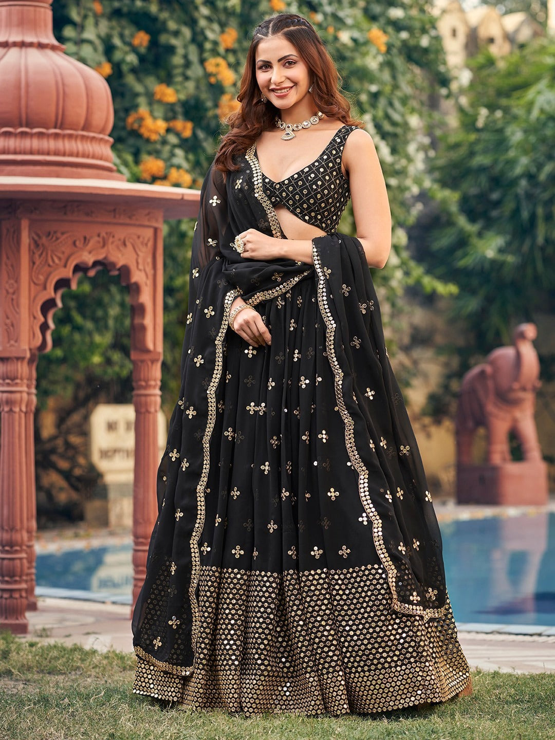 Elegant Georgette Lehenga Set with 7-MM Sequins & Zari Embroidery