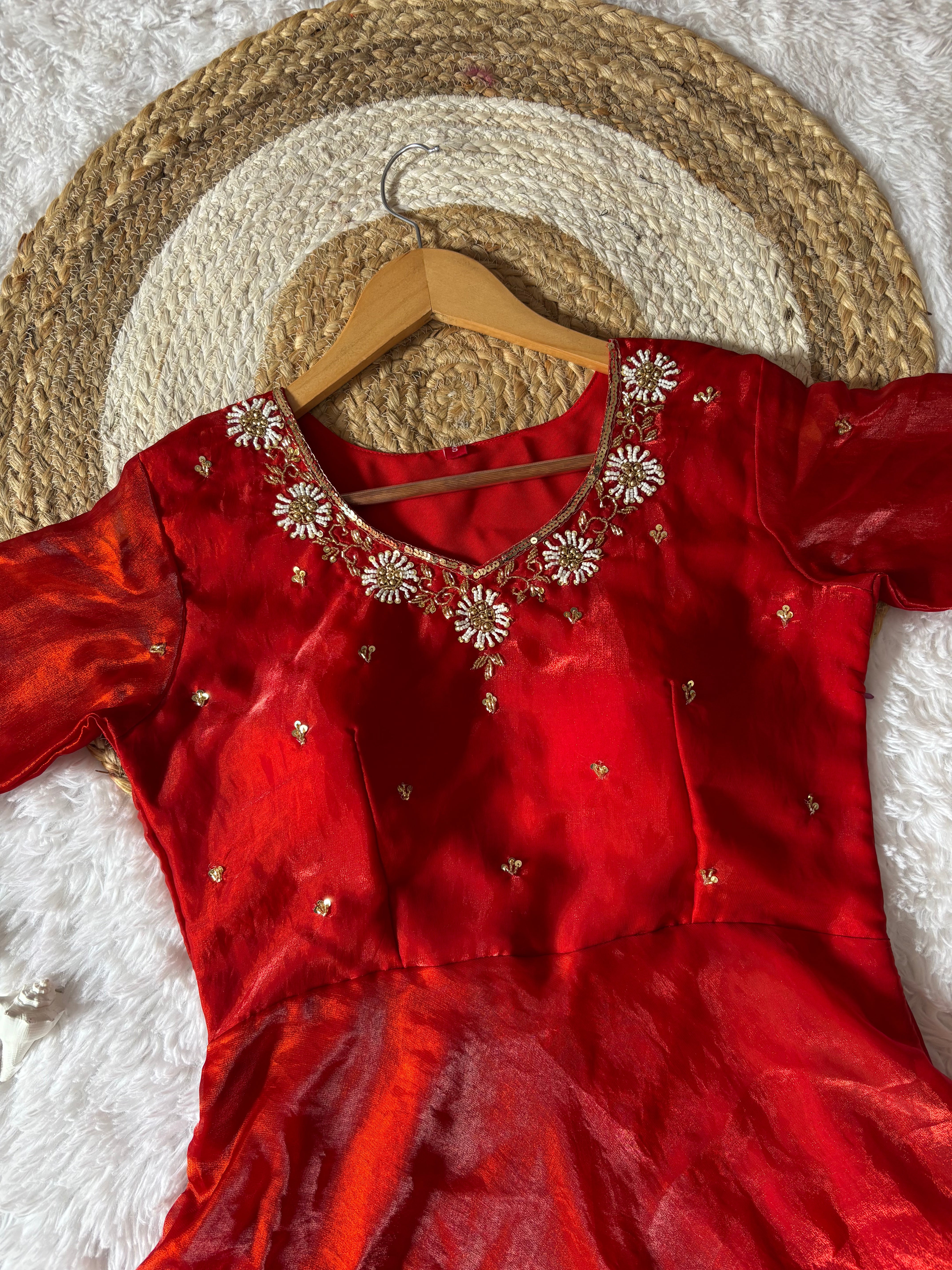 Rani Red Space Silk Anarkali Gown with Moti Handwork