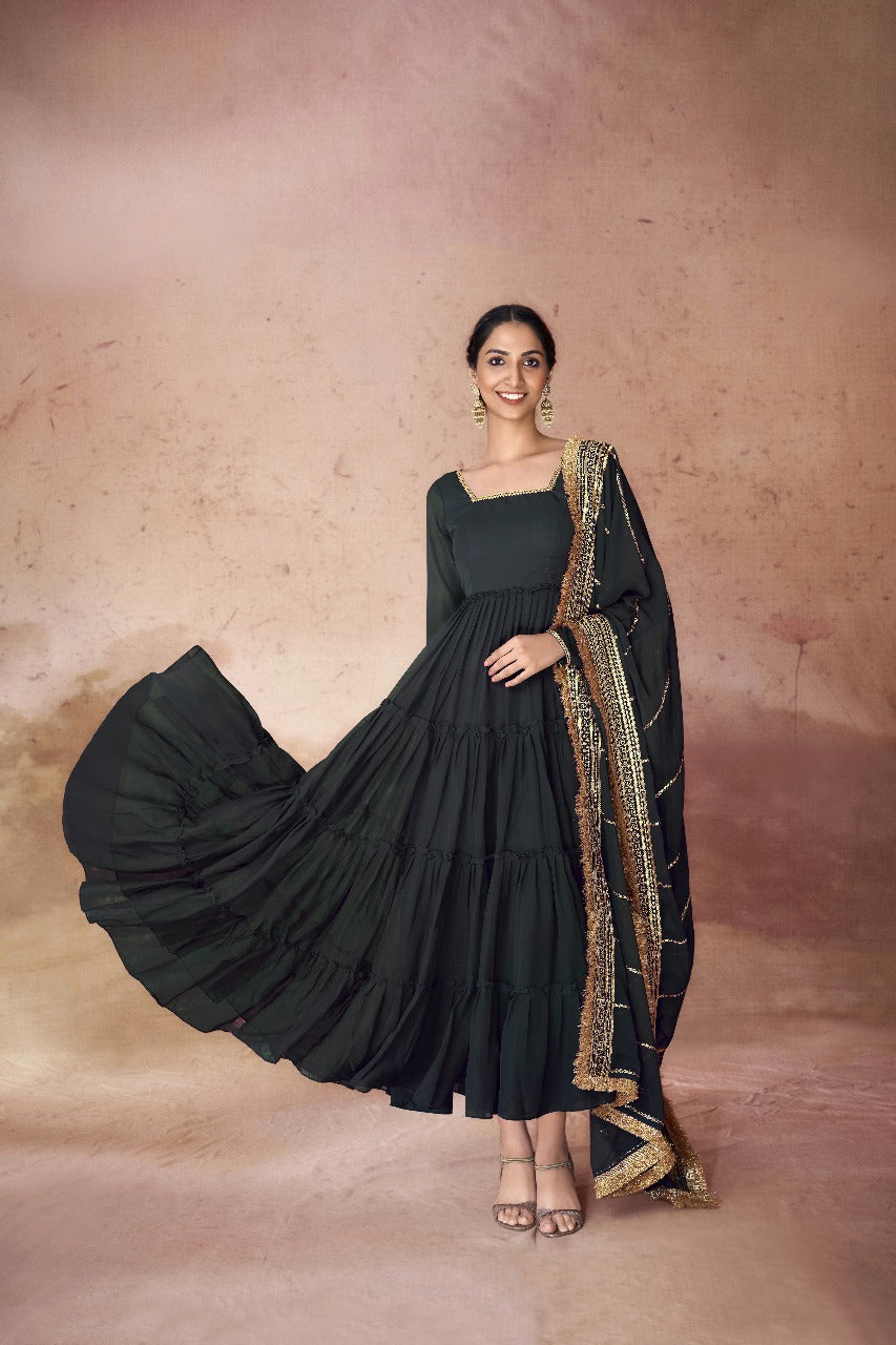 Designer Party Wear Faux Georgette Ruffle Gown with Sequins Embroidered Dupatta