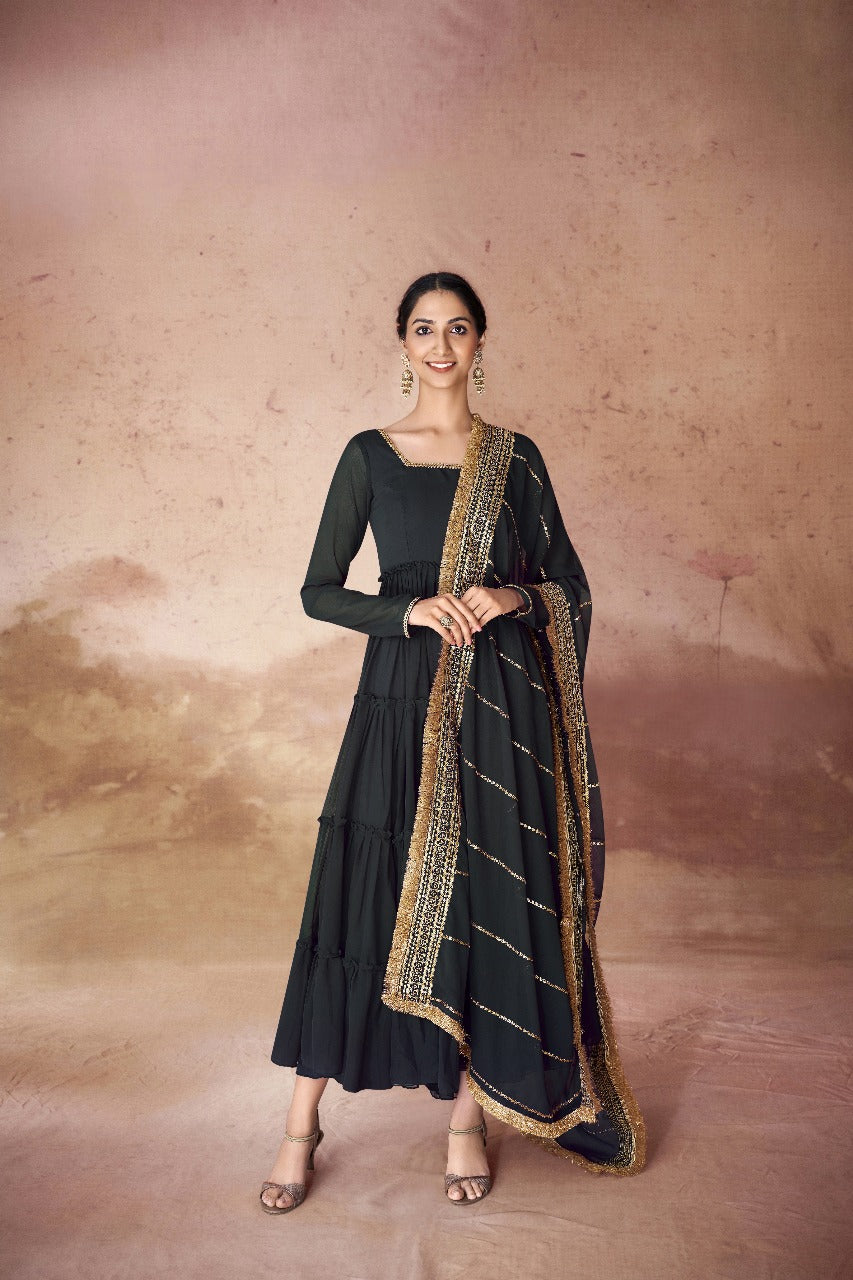 Designer Party Wear Faux Georgette Ruffle Gown with Sequins Embroidered Dupatta