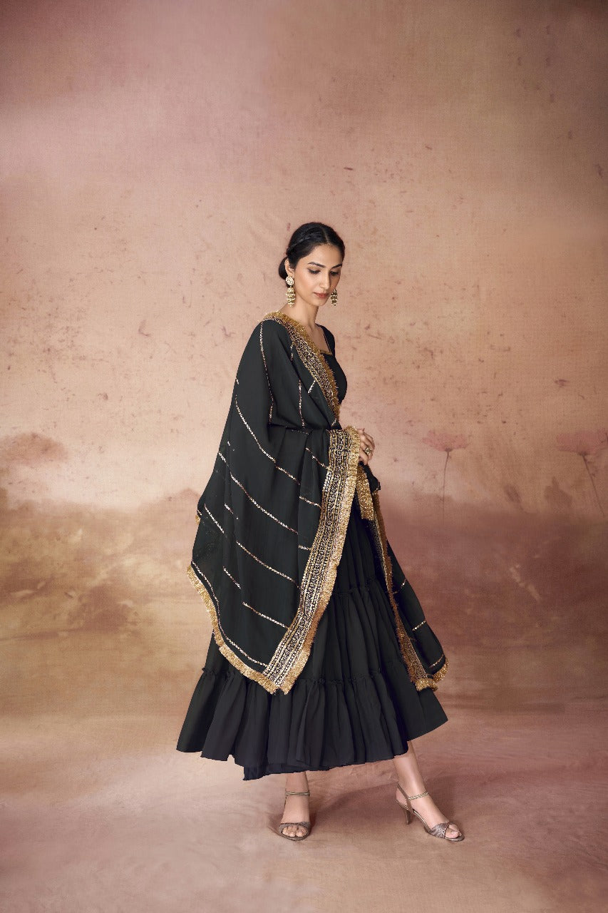 Designer Party Wear Faux Georgette Ruffle Gown with Sequins Embroidered Dupatta
