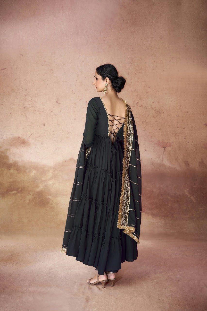 Designer Party Wear Faux Georgette Ruffle Gown with Sequins Embroidered Dupatta