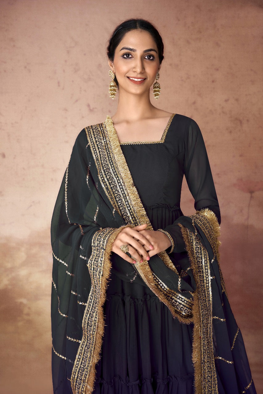 Designer Party Wear Faux Georgette Ruffle Gown with Sequins Embroidered Dupatta