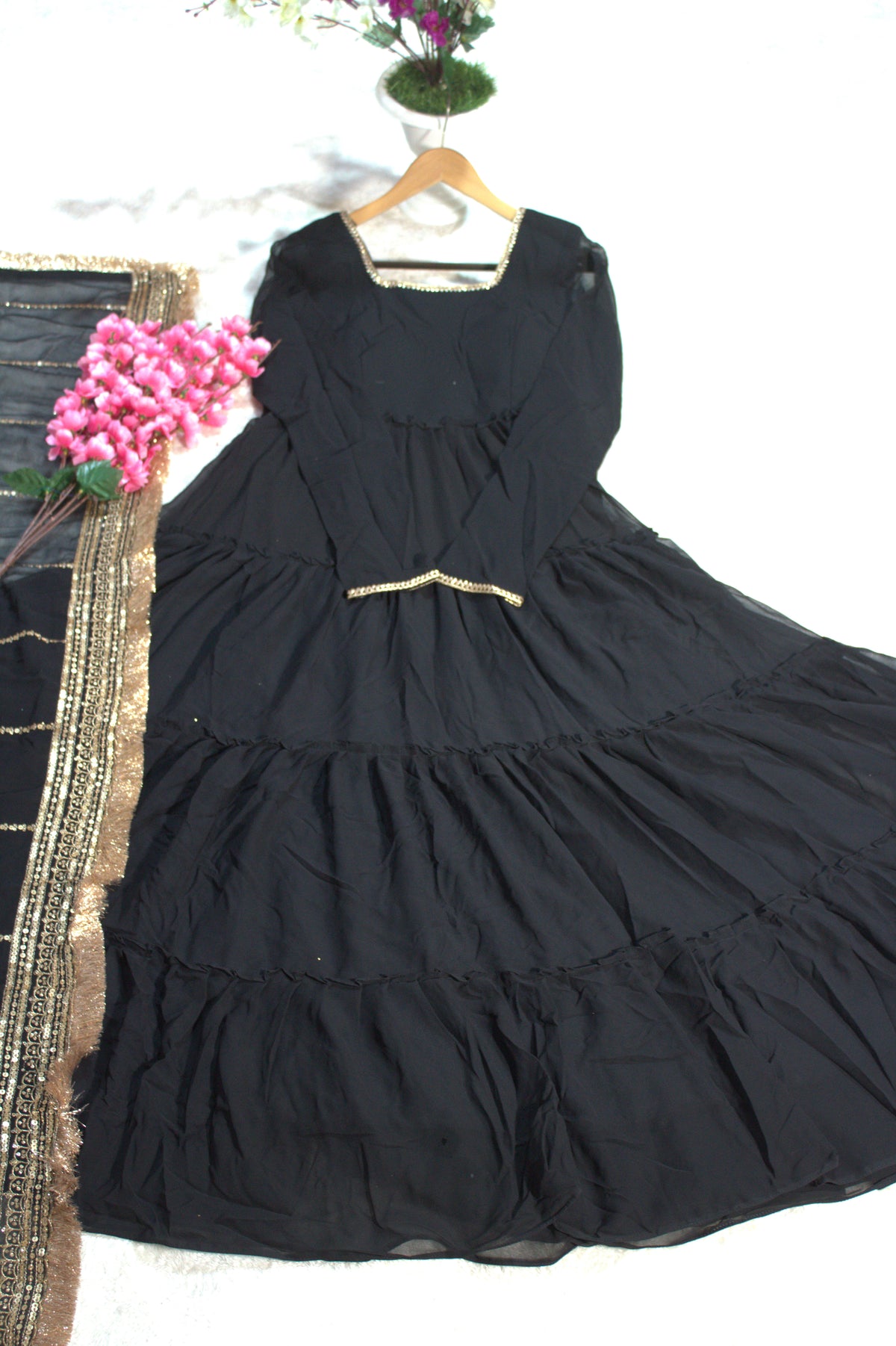 Designer Party Wear Faux Georgette Ruffle Gown with Sequins Embroidered Dupatta