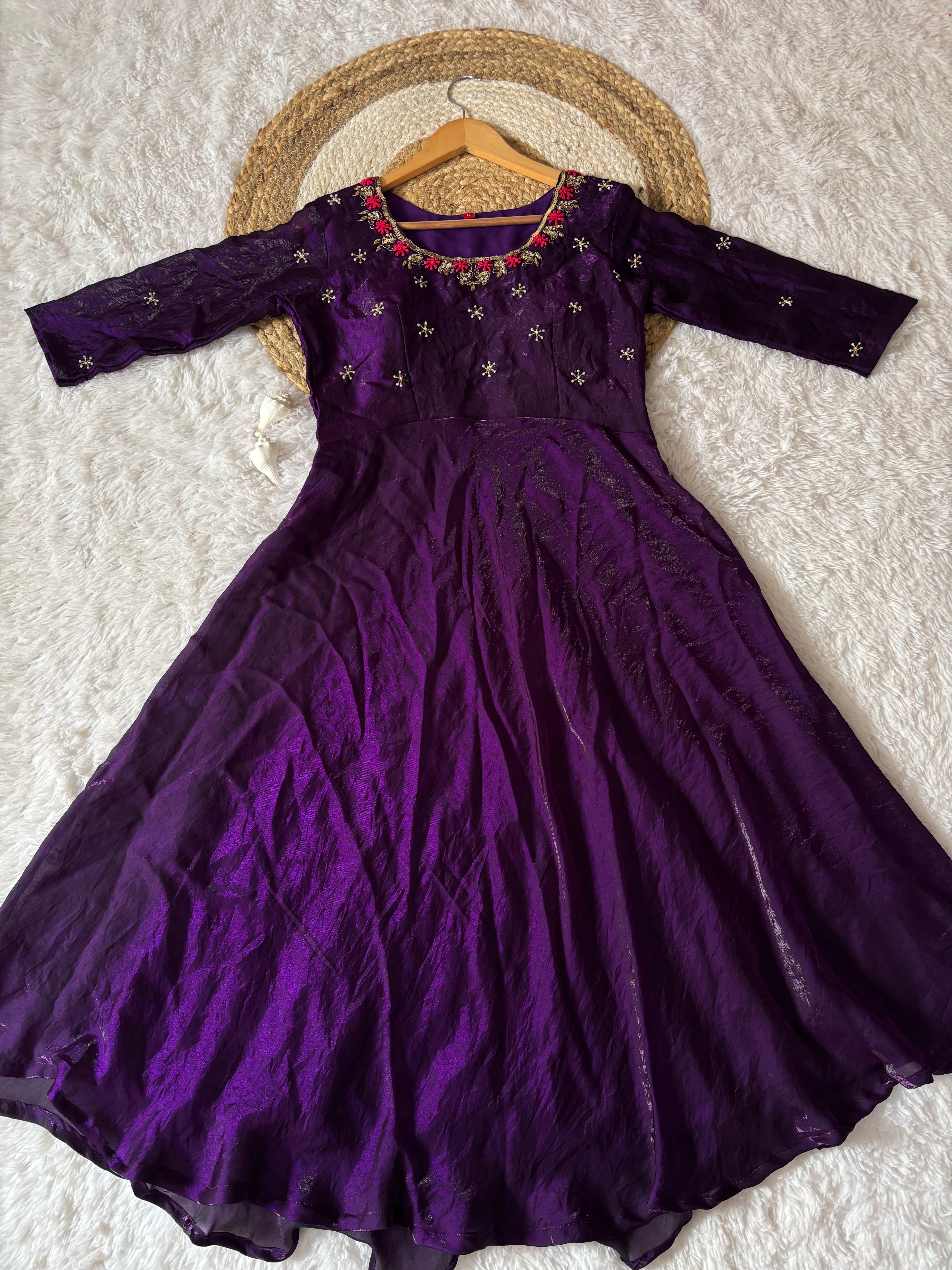 Jamuni Purple Space Silk Anarkali Gown with Moti Handwork