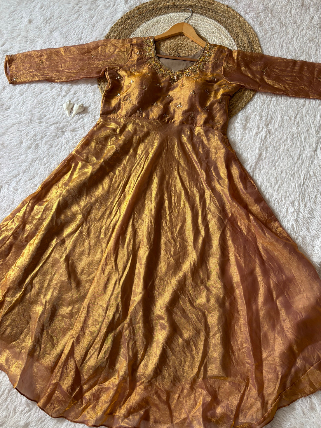 Anarkali Gown Antique Gold Space Silk with Moti Handwork