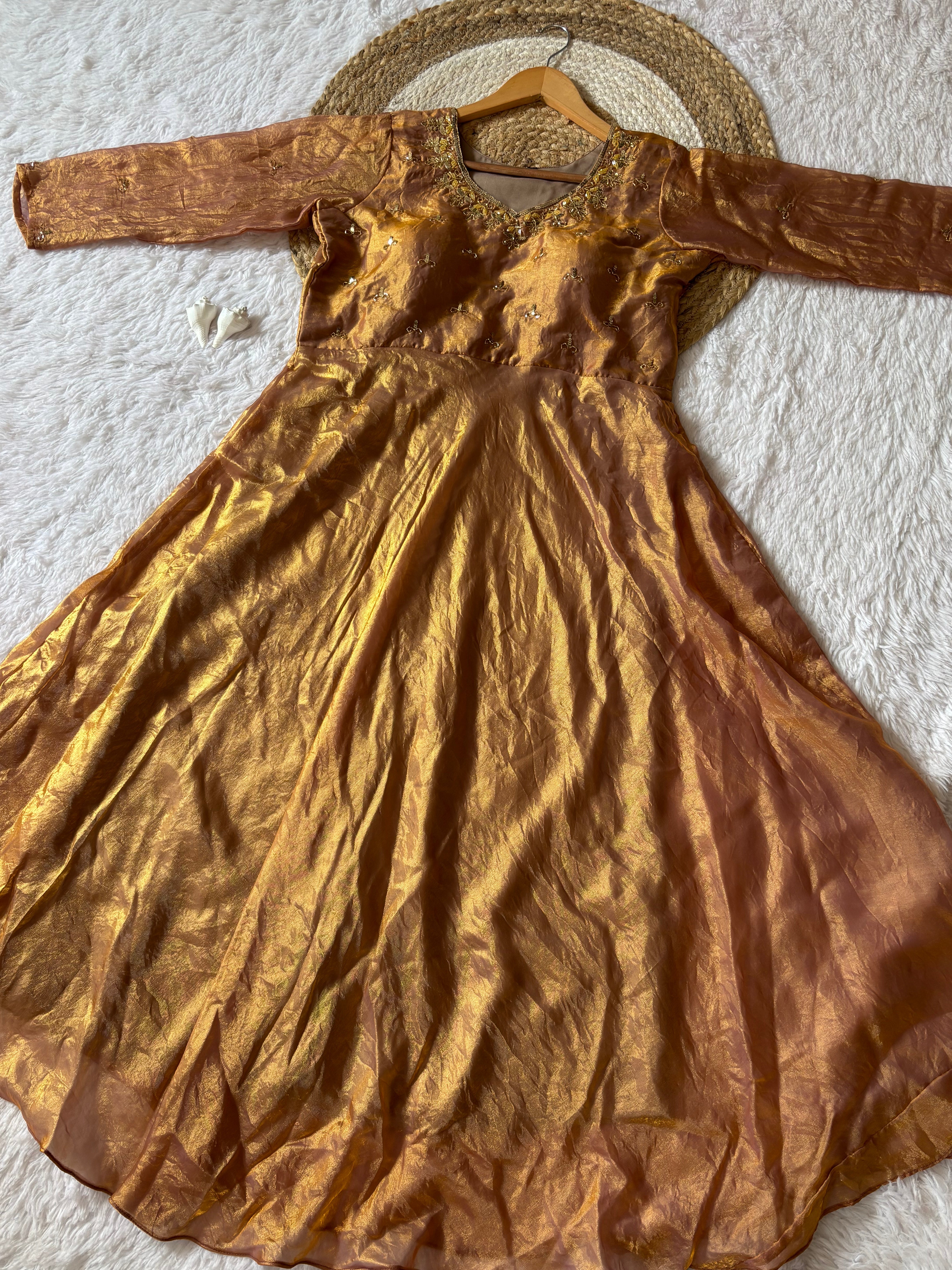 Anarkali Gown Antique Gold Space Silk with Moti Handwork