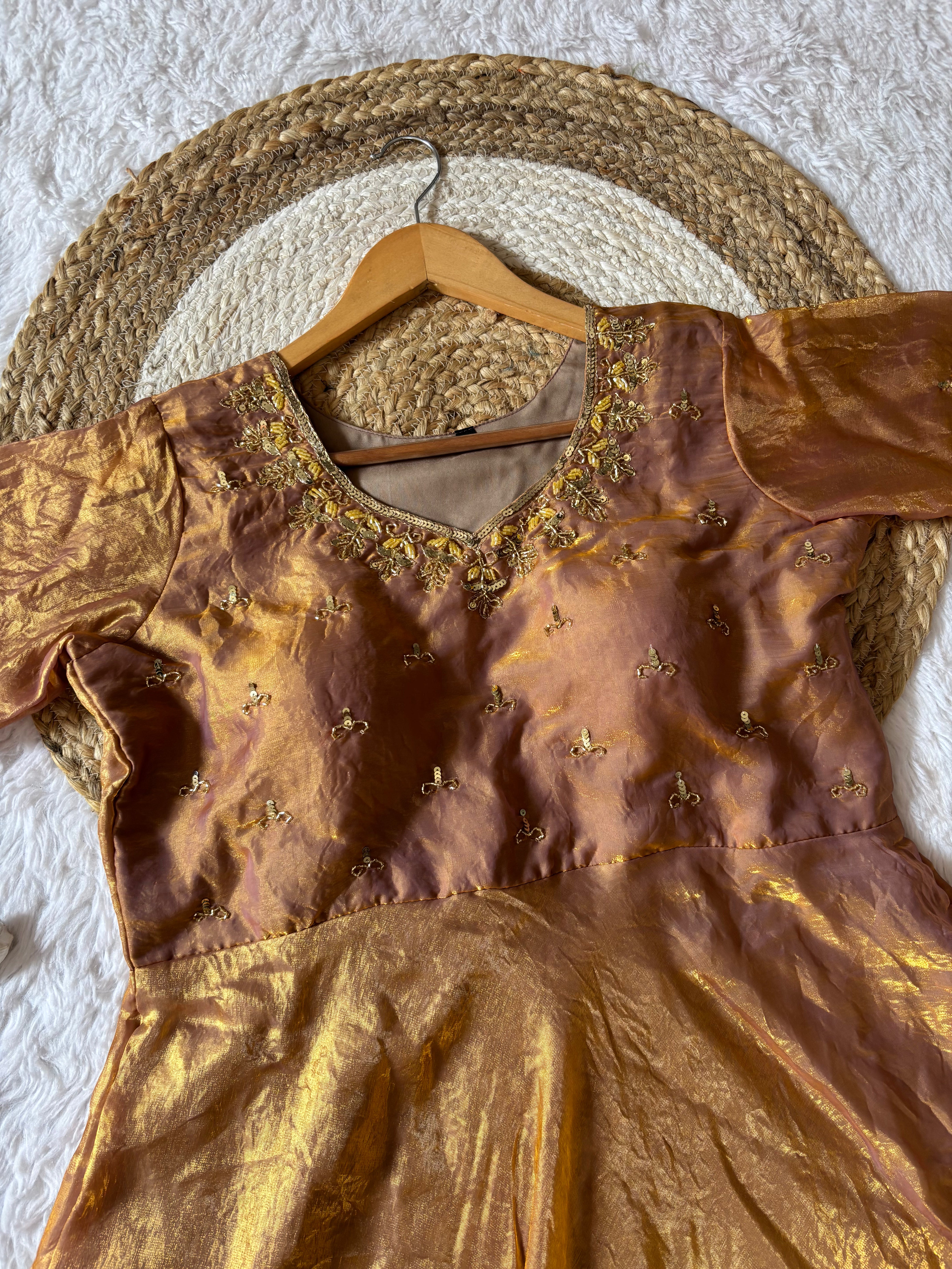Anarkali Gown Antique Gold Space Silk with Moti Handwork