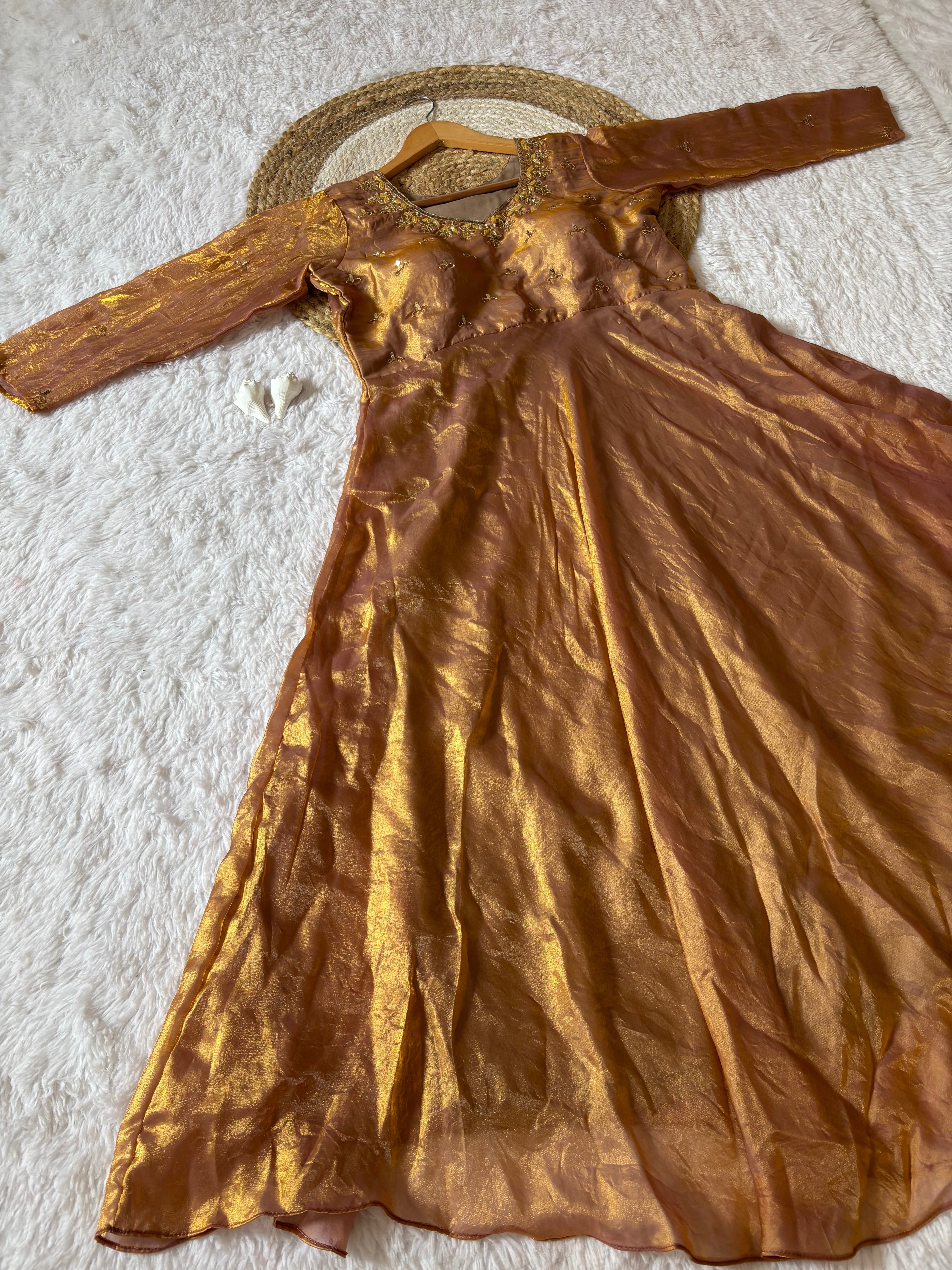 Anarkali Gown Antique Gold Space Silk with Moti Handwork