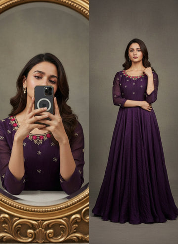 Jamuni Purple Space Silk Anarkali Gown with Moti Handwork