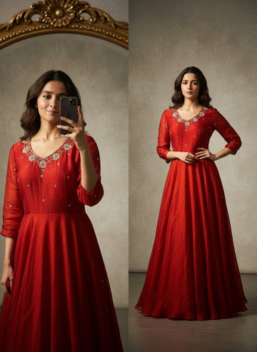 Rani Red Space Silk Anarkali Gown with Moti Handwork