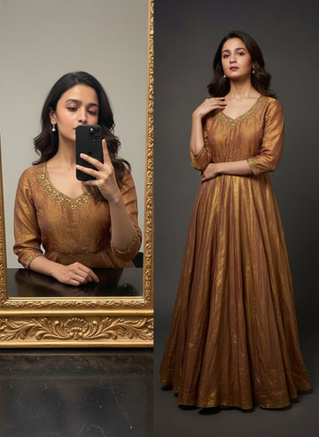 Anarkali Gown Antique Gold Space Silk with Moti Handwork