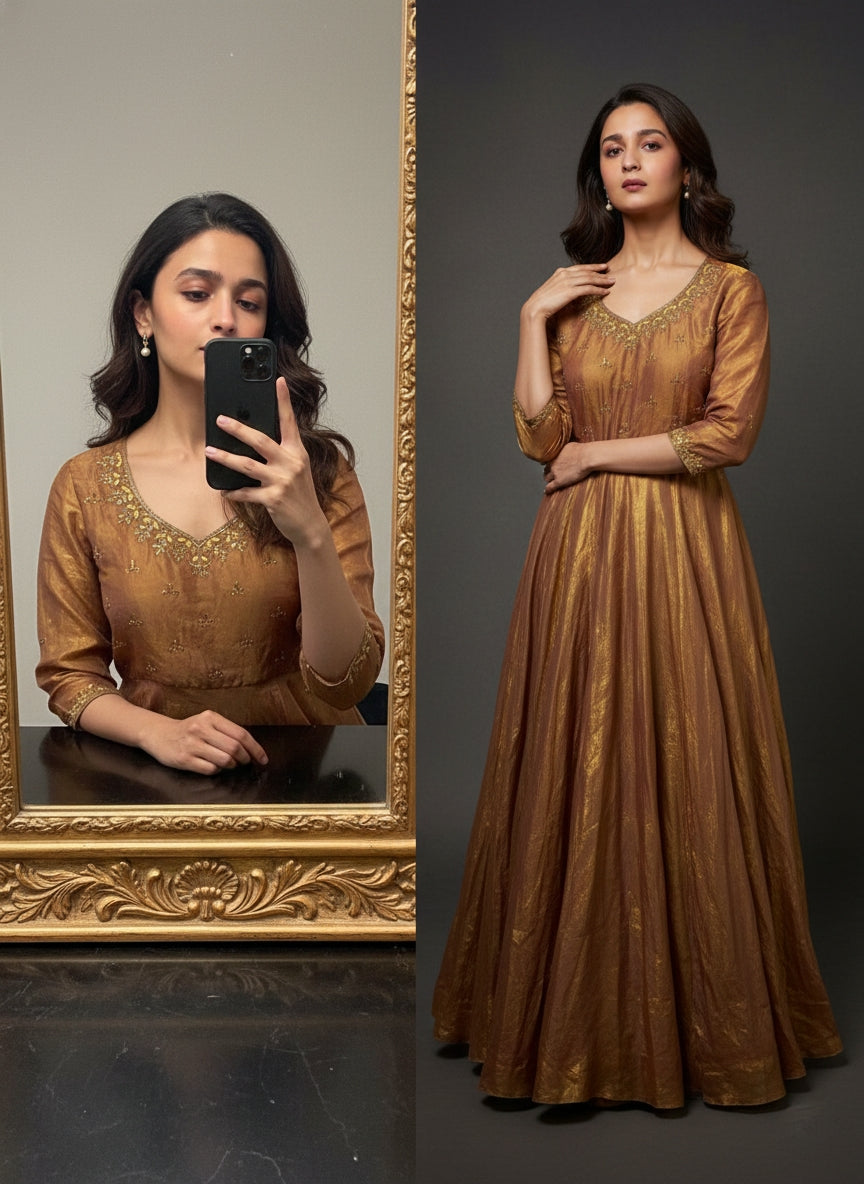 Anarkali Gown Antique Gold Space Silk with Moti Handwork