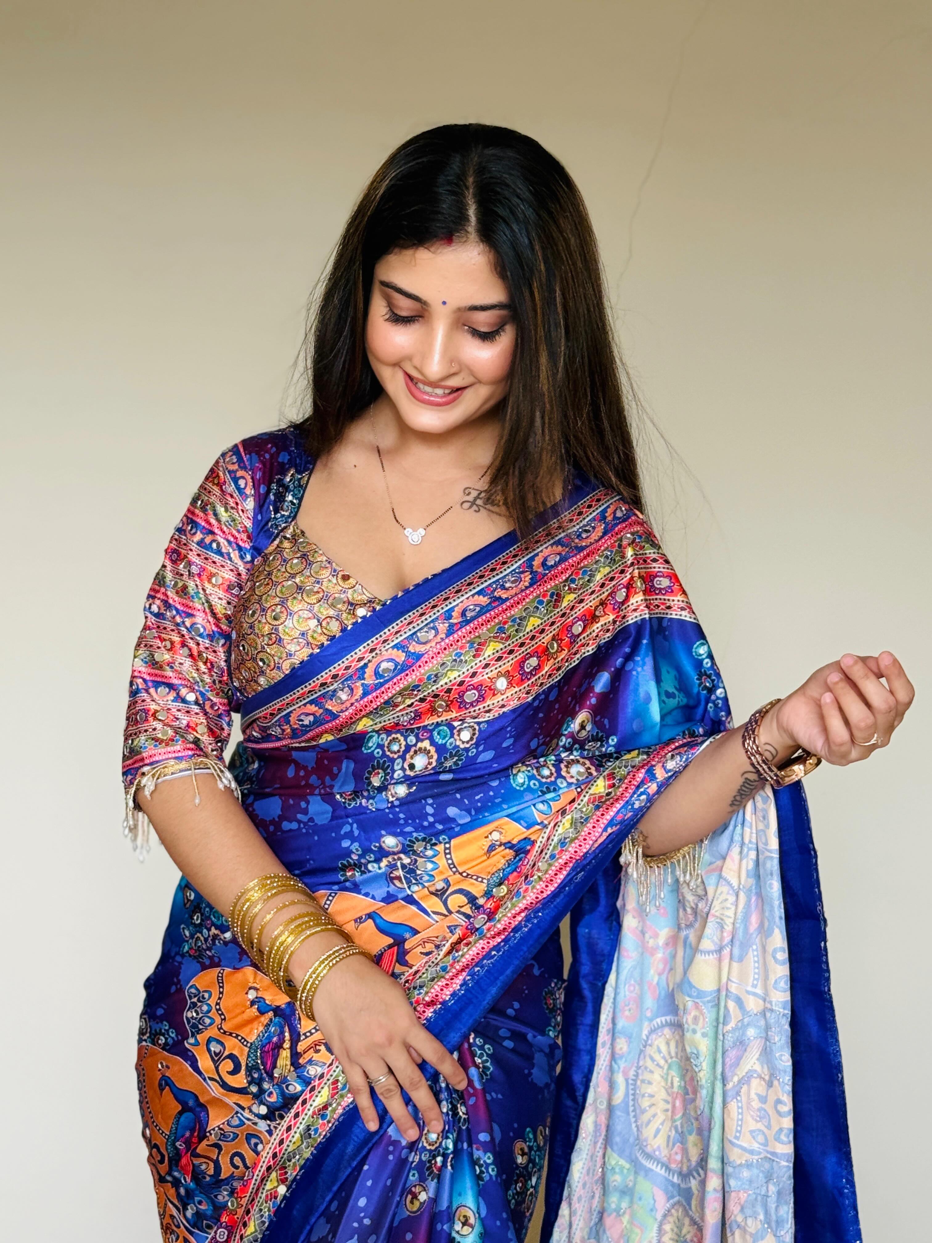 Women Designer Peacock & Floral Digital Print Saree with Contrast Border & Attached Blouse | Premium Party Wear Saree