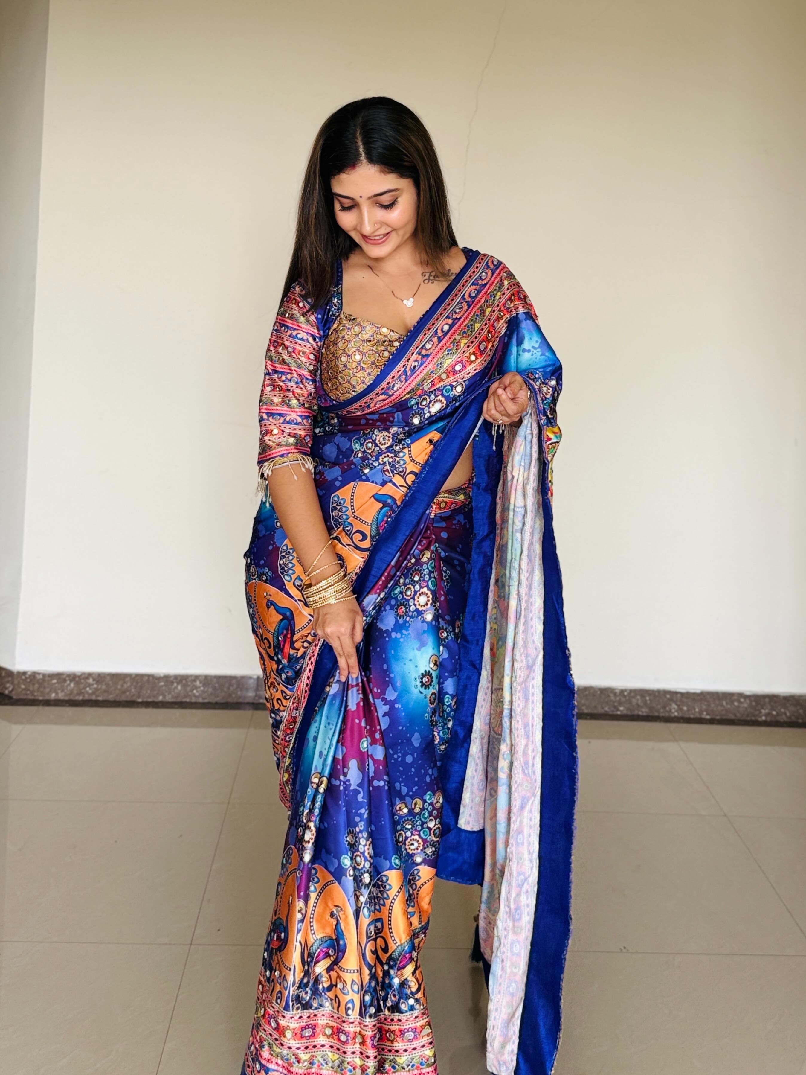 Women Designer Peacock & Floral Digital Print Saree with Contrast Border & Attached Blouse | Premium Party Wear Saree