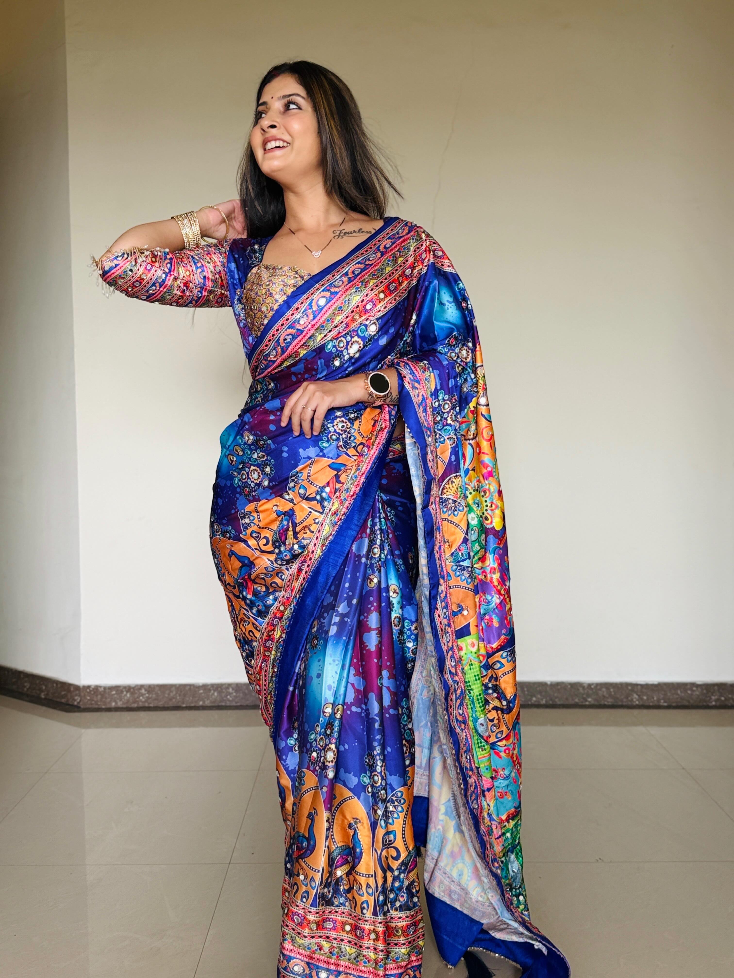 Women Designer Peacock & Floral Digital Print Saree with Contrast Border & Attached Blouse | Premium Party Wear Saree