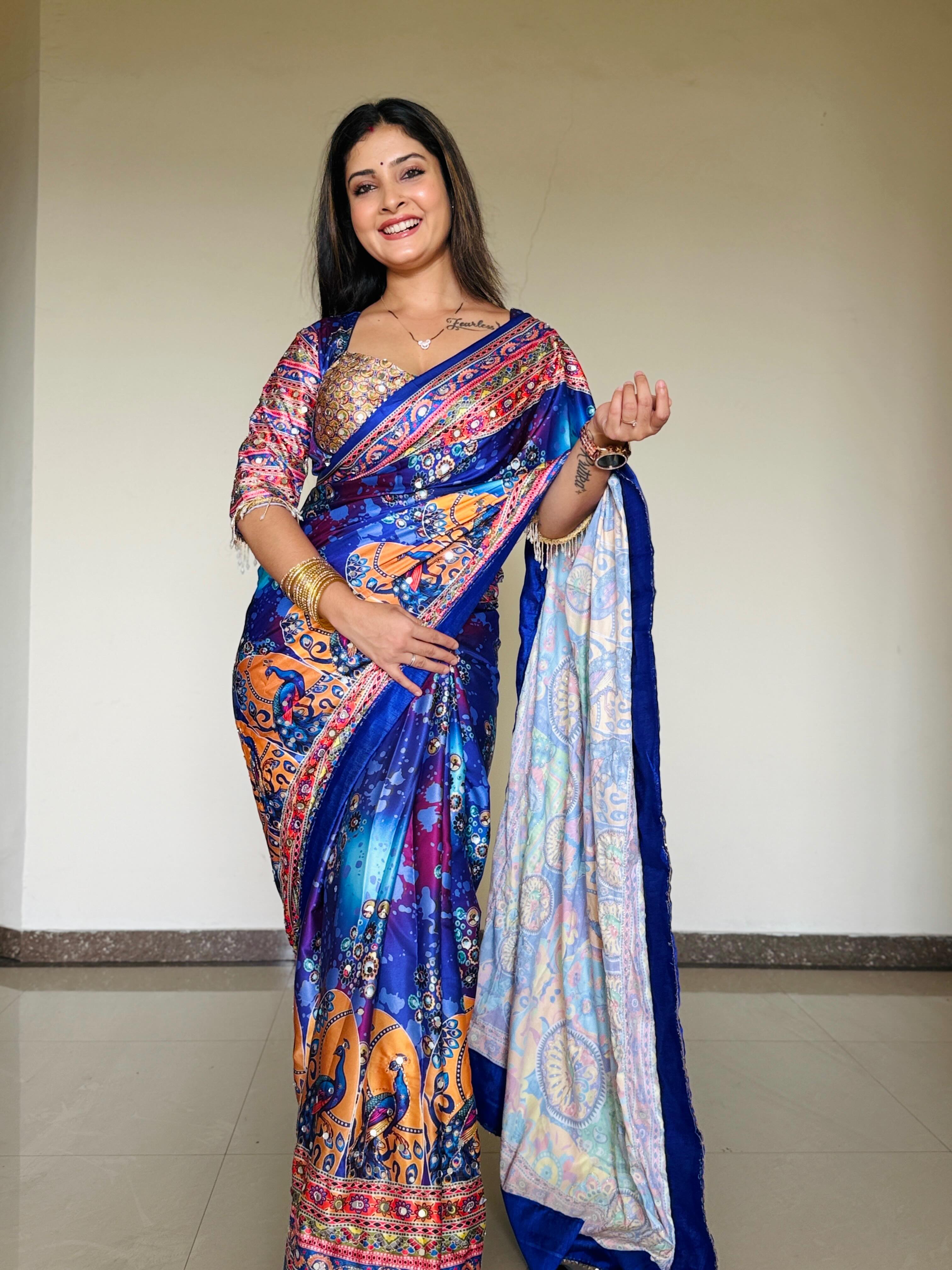 Women Designer Peacock & Floral Digital Print Saree with Contrast Border & Attached Blouse | Premium Party Wear Saree