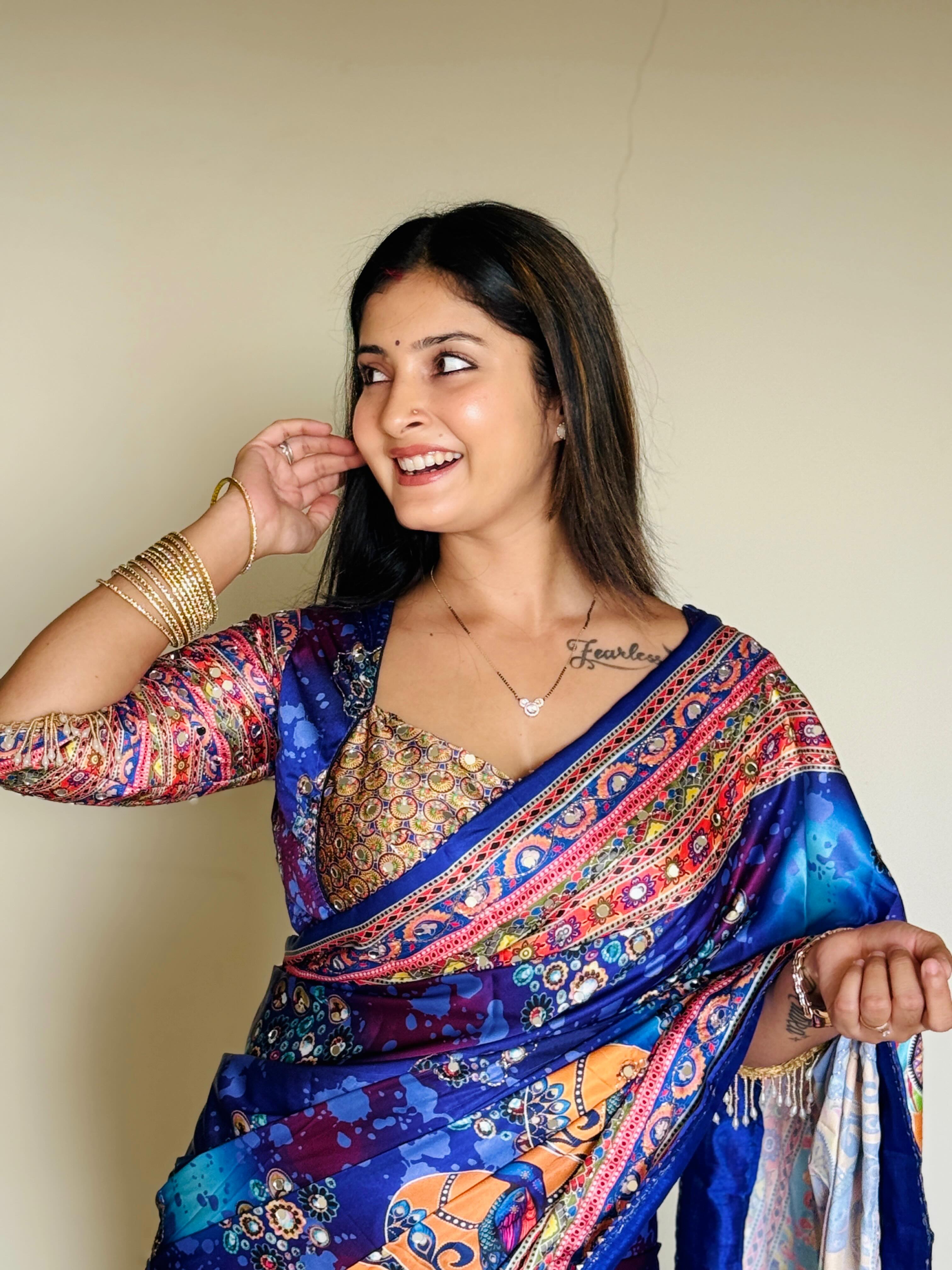 Women Designer Peacock & Floral Digital Print Saree with Contrast Border & Attached Blouse | Premium Party Wear Saree