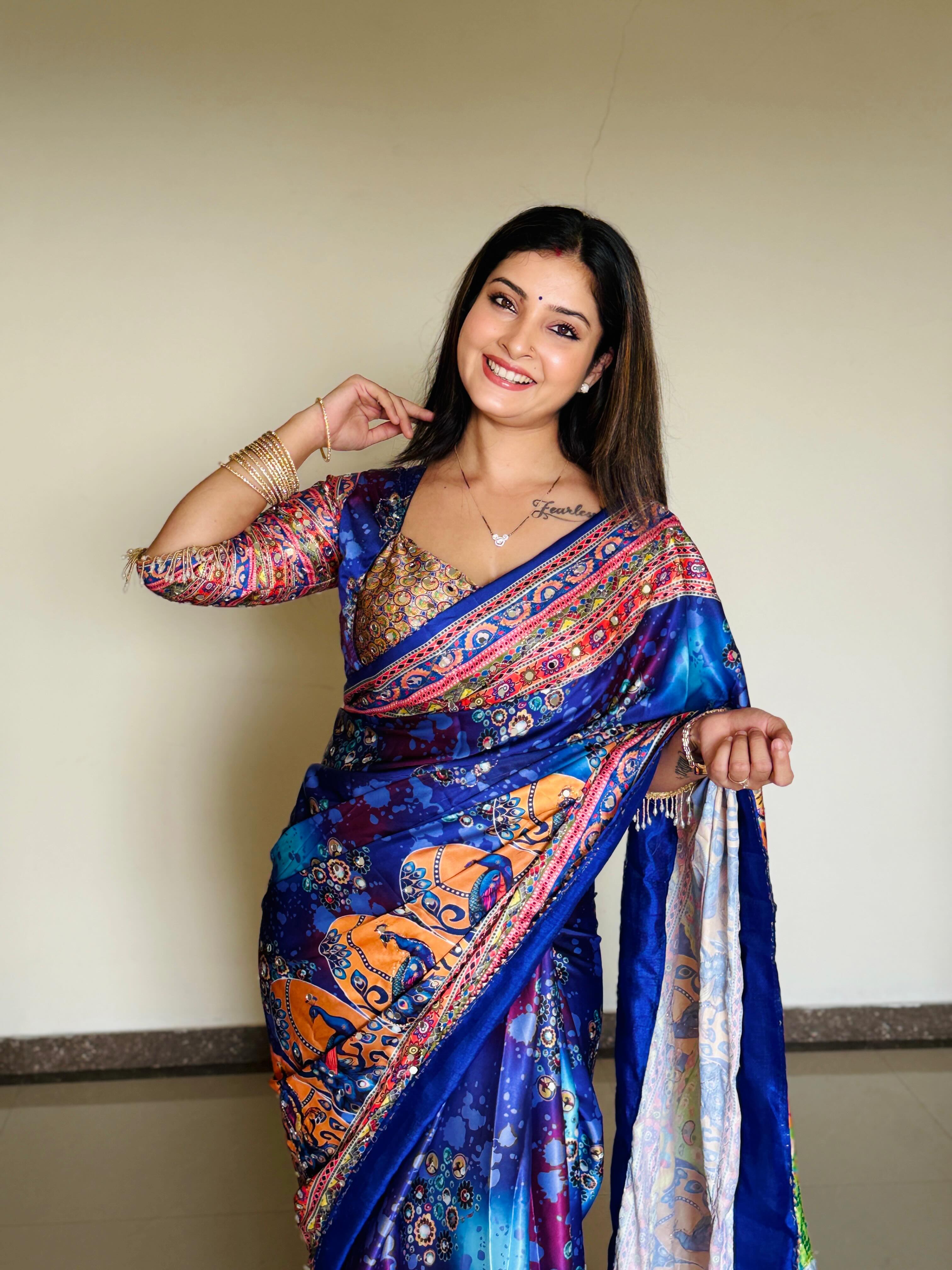 Women Designer Peacock & Floral Digital Print Saree with Contrast Border & Attached Blouse | Premium Party Wear Saree