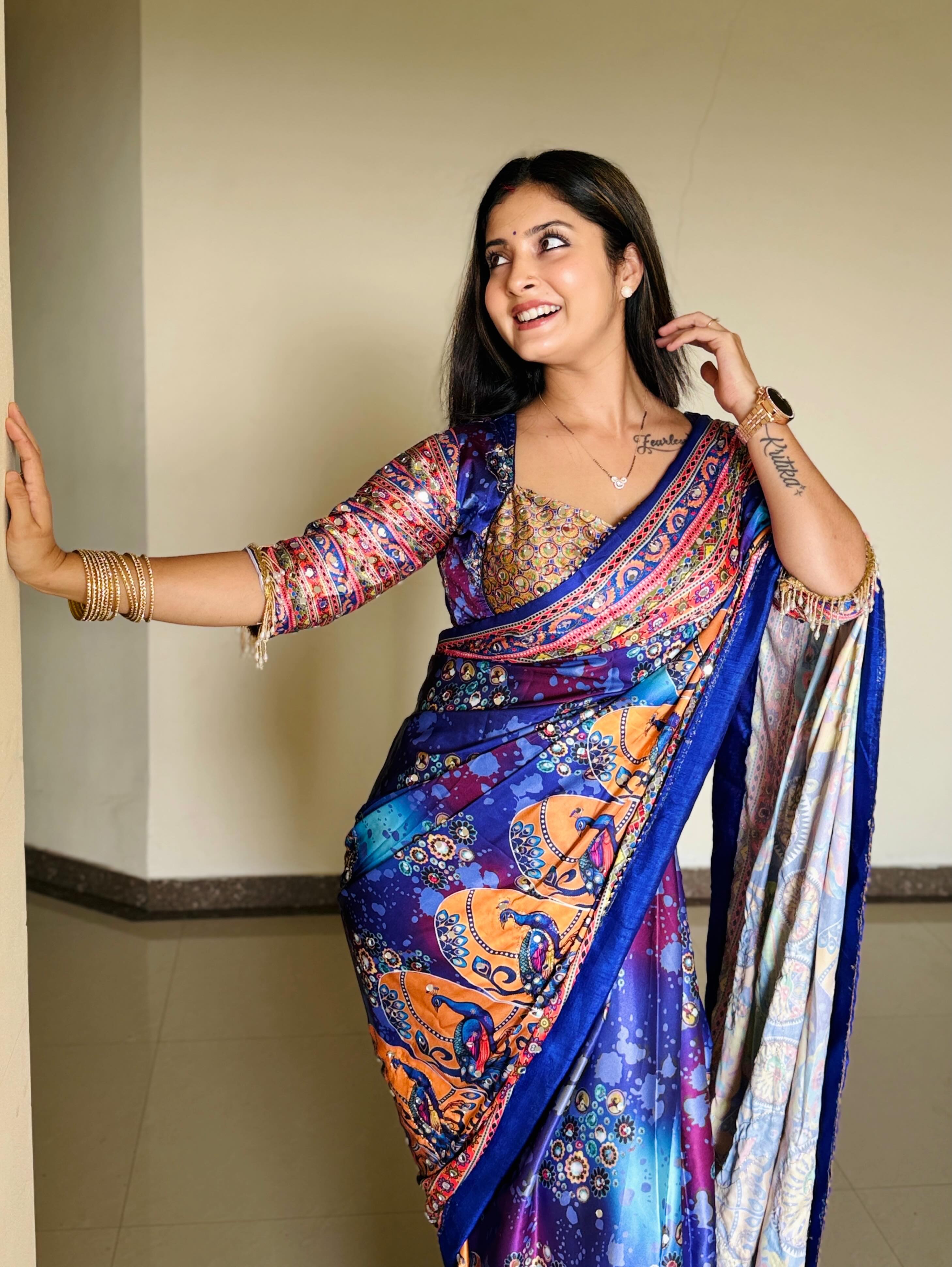 Women Designer Peacock & Floral Digital Print Saree with Contrast Border & Attached Blouse | Premium Party Wear Saree