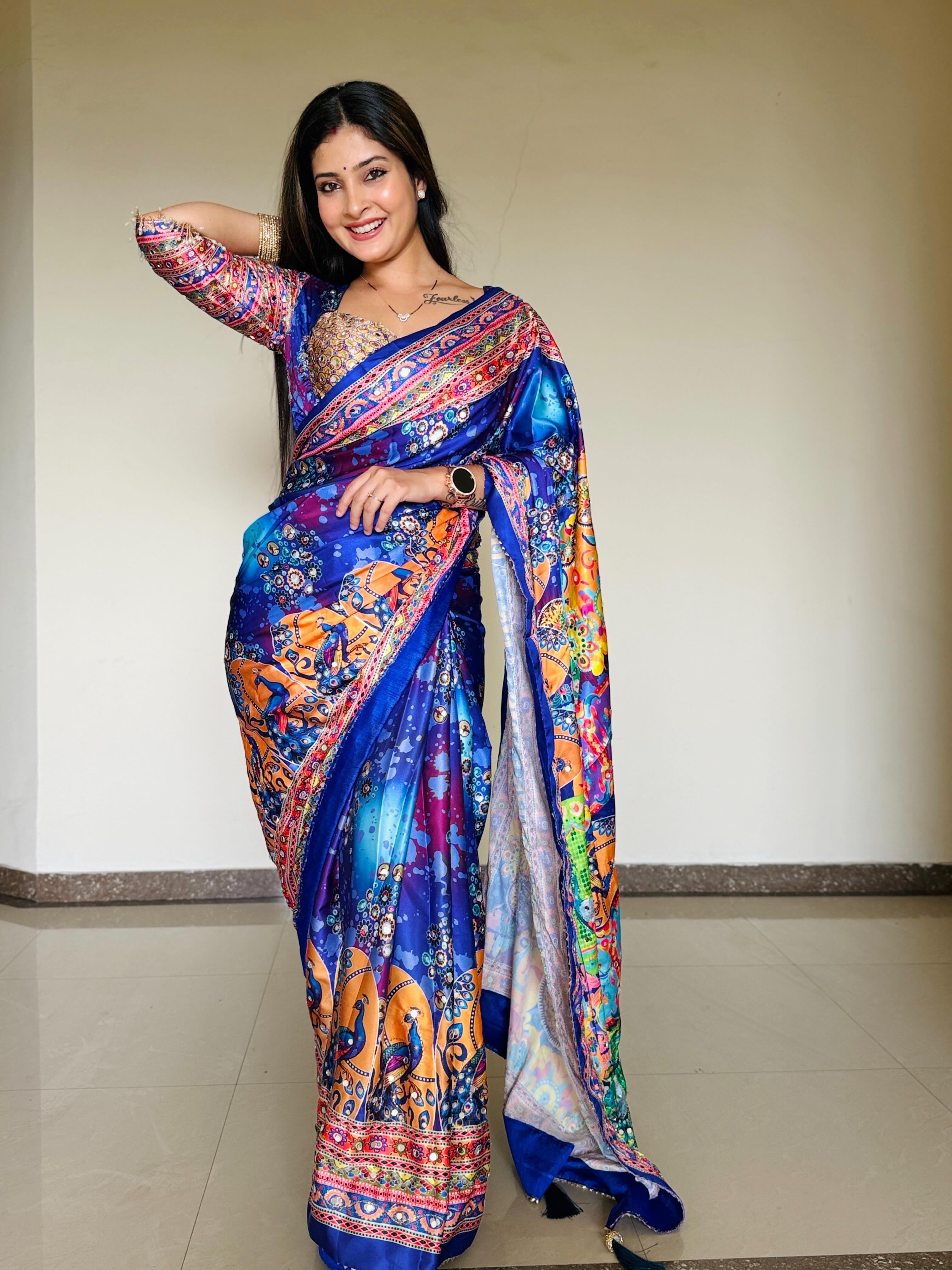 Women Designer Peacock & Floral Digital Print Saree with Contrast Border & Attached Blouse | Premium Party Wear Saree