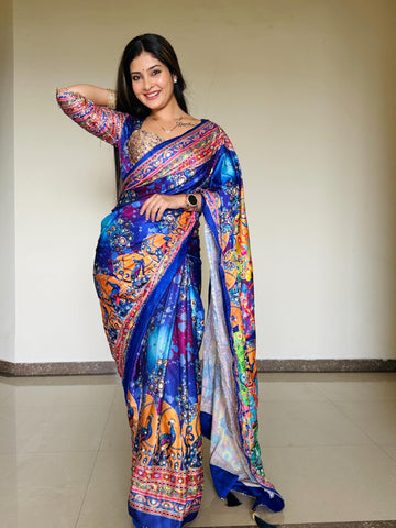 Women Designer Peacock & Floral Digital Print Saree with Contrast Border & Attached Blouse | Premium Party Wear Saree