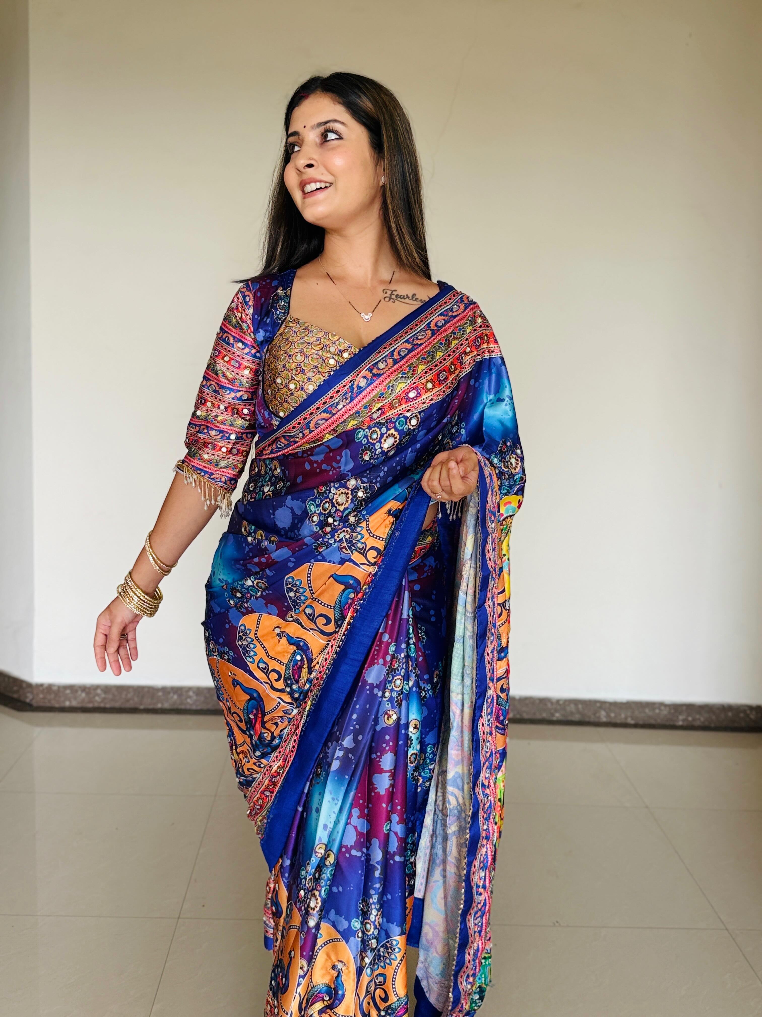 Women Designer Peacock & Floral Digital Print Saree with Contrast Border & Attached Blouse | Premium Party Wear Saree