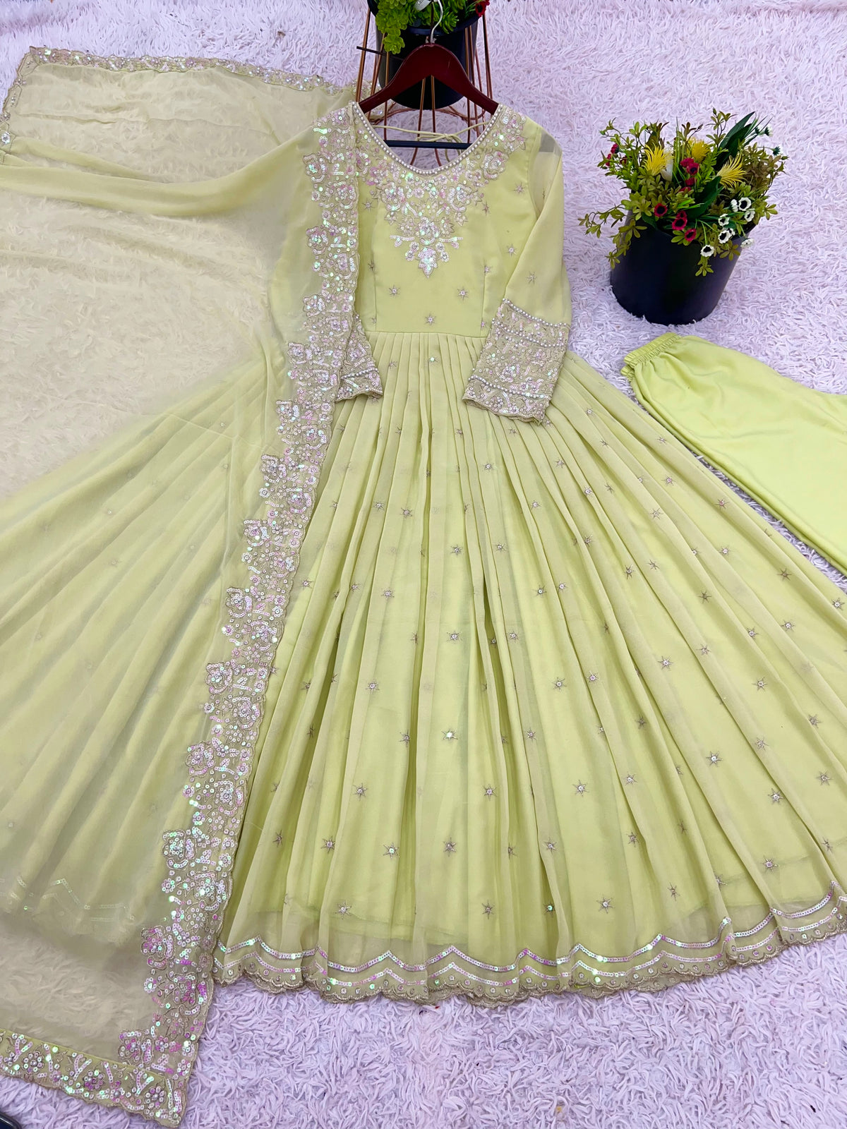 Designer Heavy Georgette Rembo Sequence Embroidered Gown Set