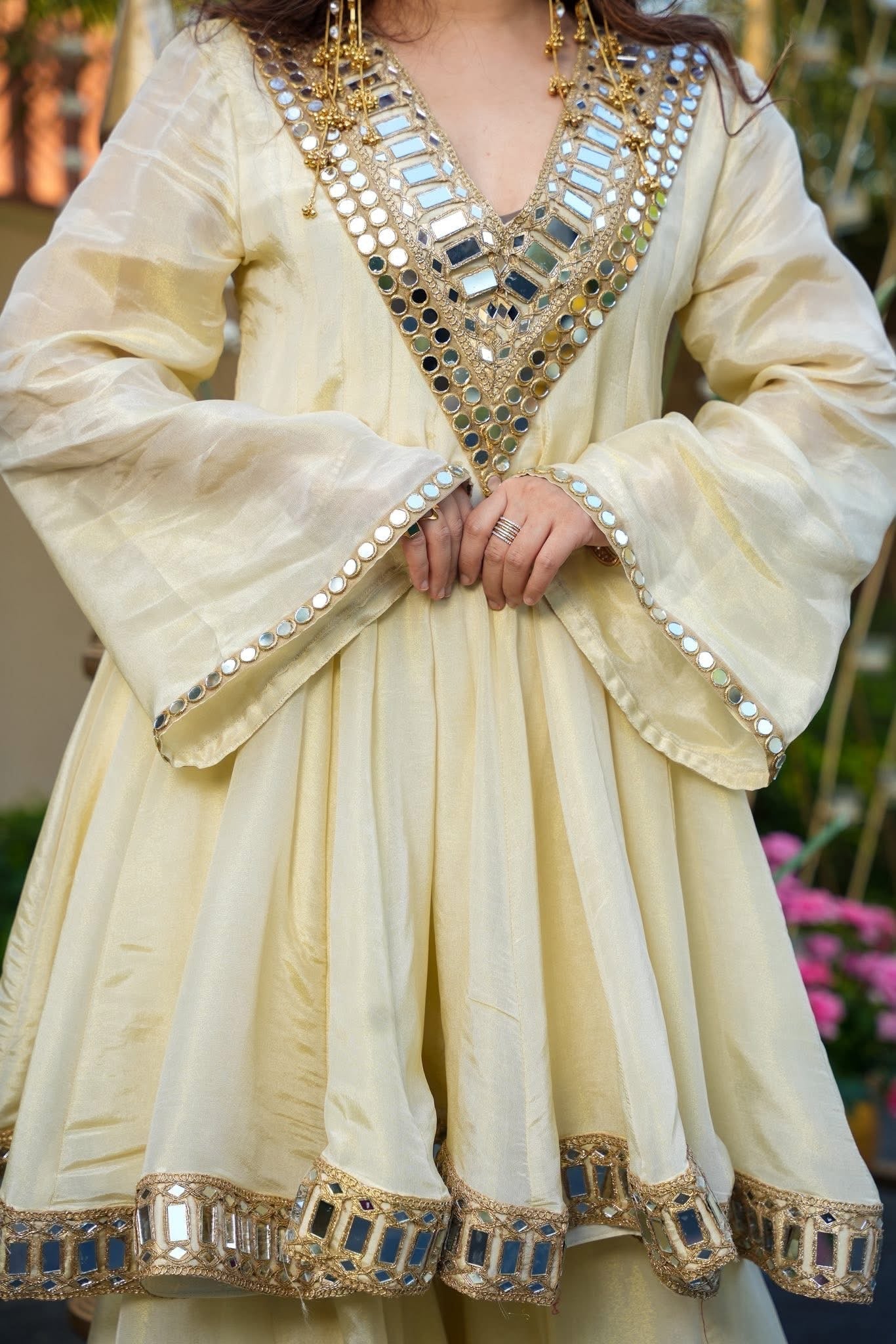 Anarkali With Sharara & Dupatta Ivory Color Heavy Mirror Embellished