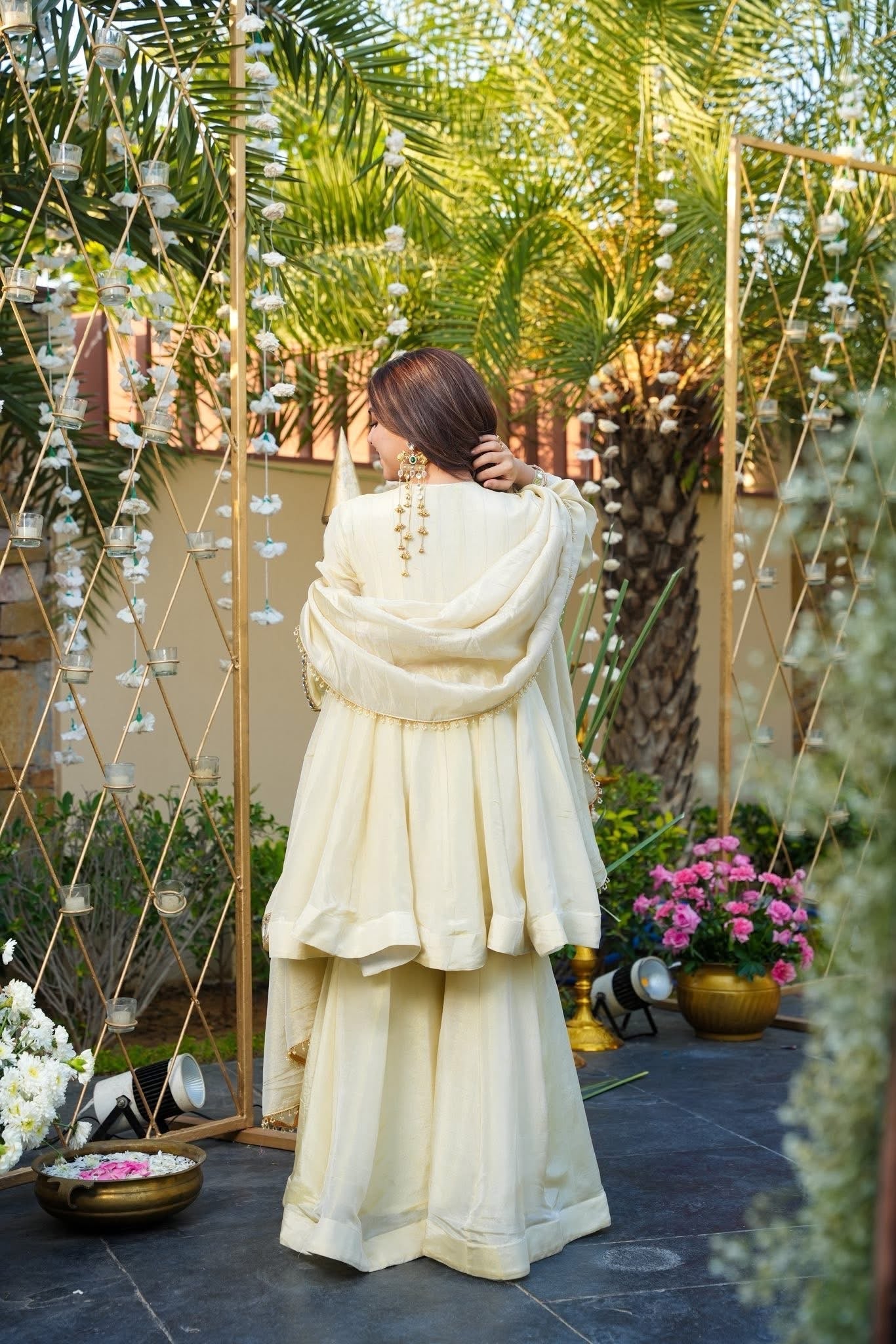Anarkali With Sharara & Dupatta Ivory Color Heavy Mirror Embellished