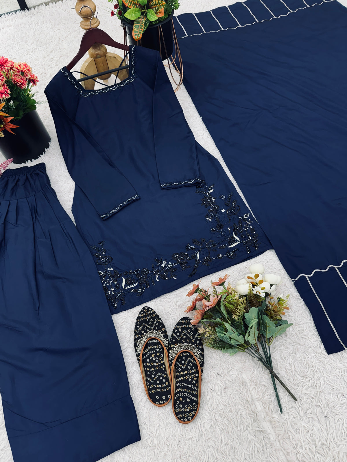 Designer Natural Crepe Silk Top Bottom & Dupatta Set