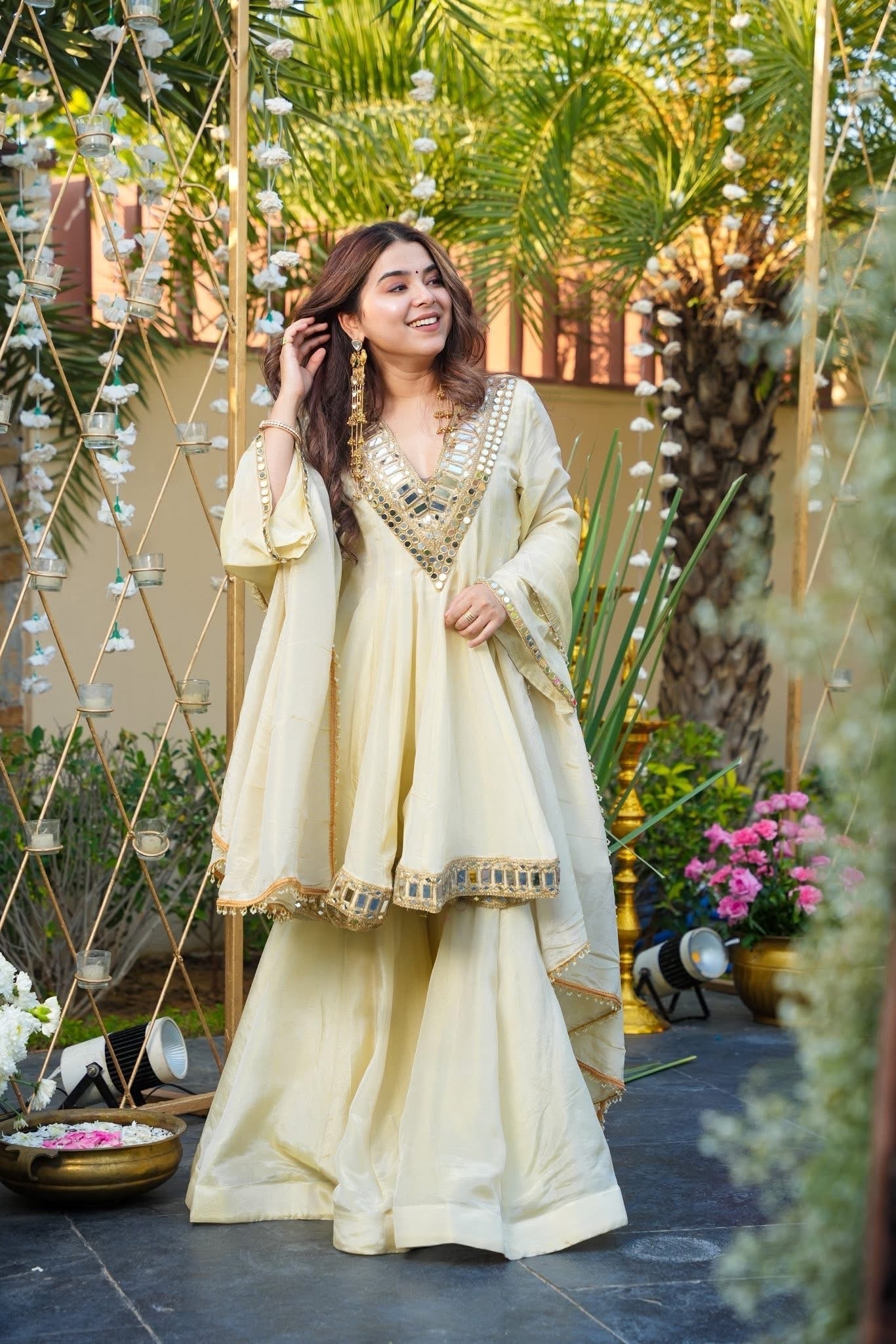 Anarkali With Sharara & Dupatta Ivory Color Heavy Mirror Embellished