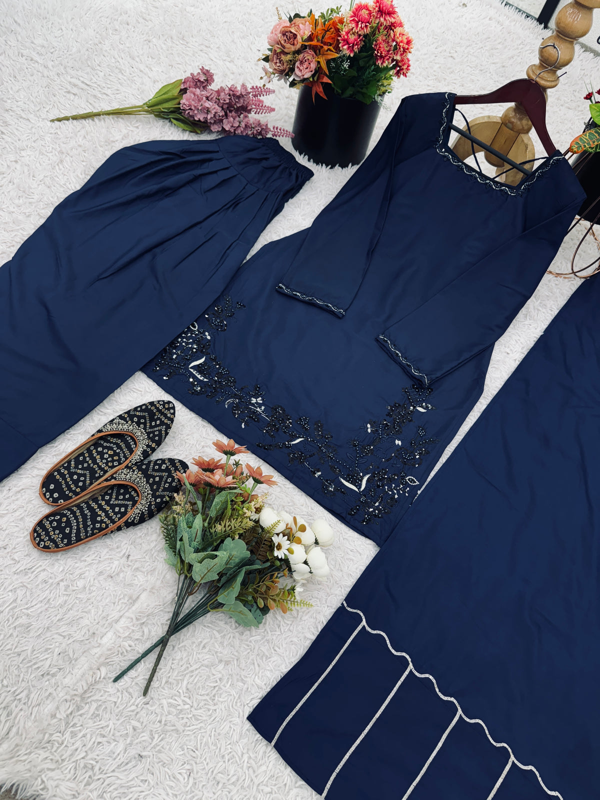 Designer Natural Crepe Silk Top Bottom & Dupatta Set