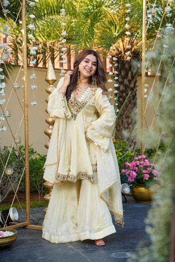 Anarkali With Sharara & Dupatta Ivory Color Heavy Mirror Embellished
