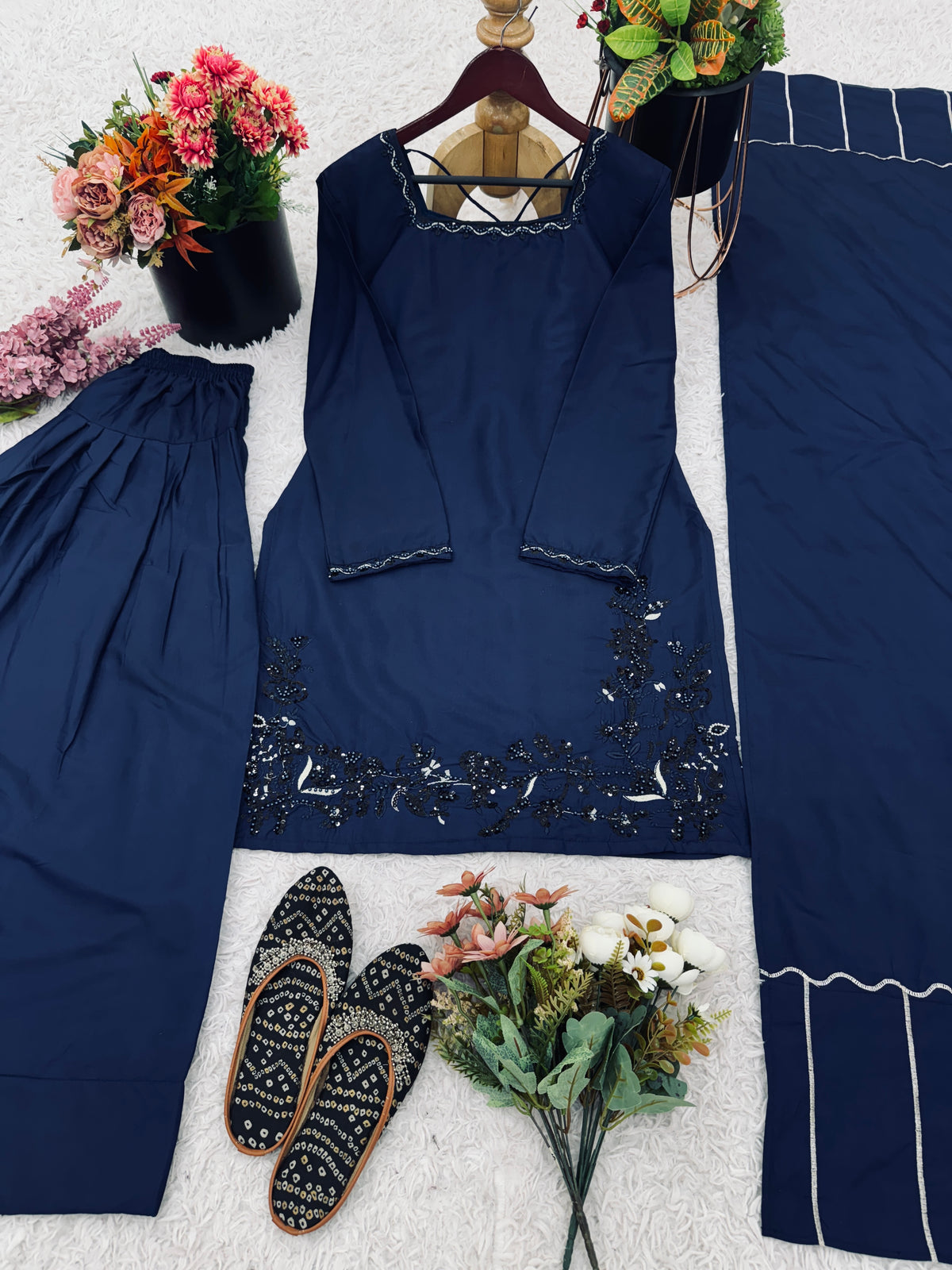 Designer Natural Crepe Silk Top Bottom & Dupatta Set