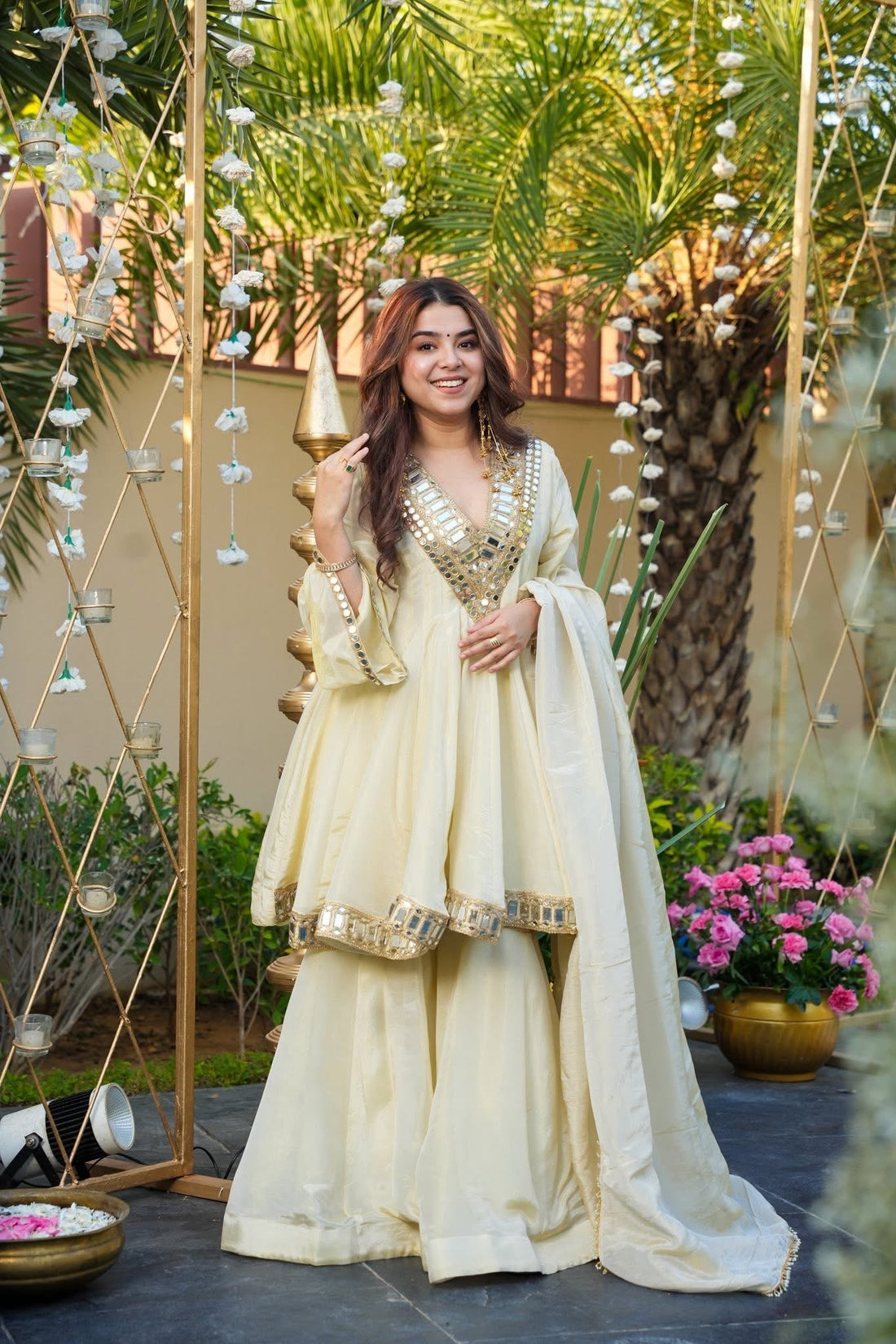 Anarkali With Sharara & Dupatta Ivory Color Heavy Mirror Embellished