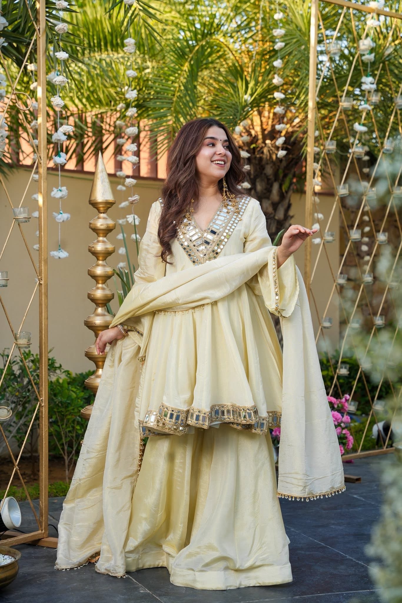Anarkali With Sharara & Dupatta Ivory Color Heavy Mirror Embellished