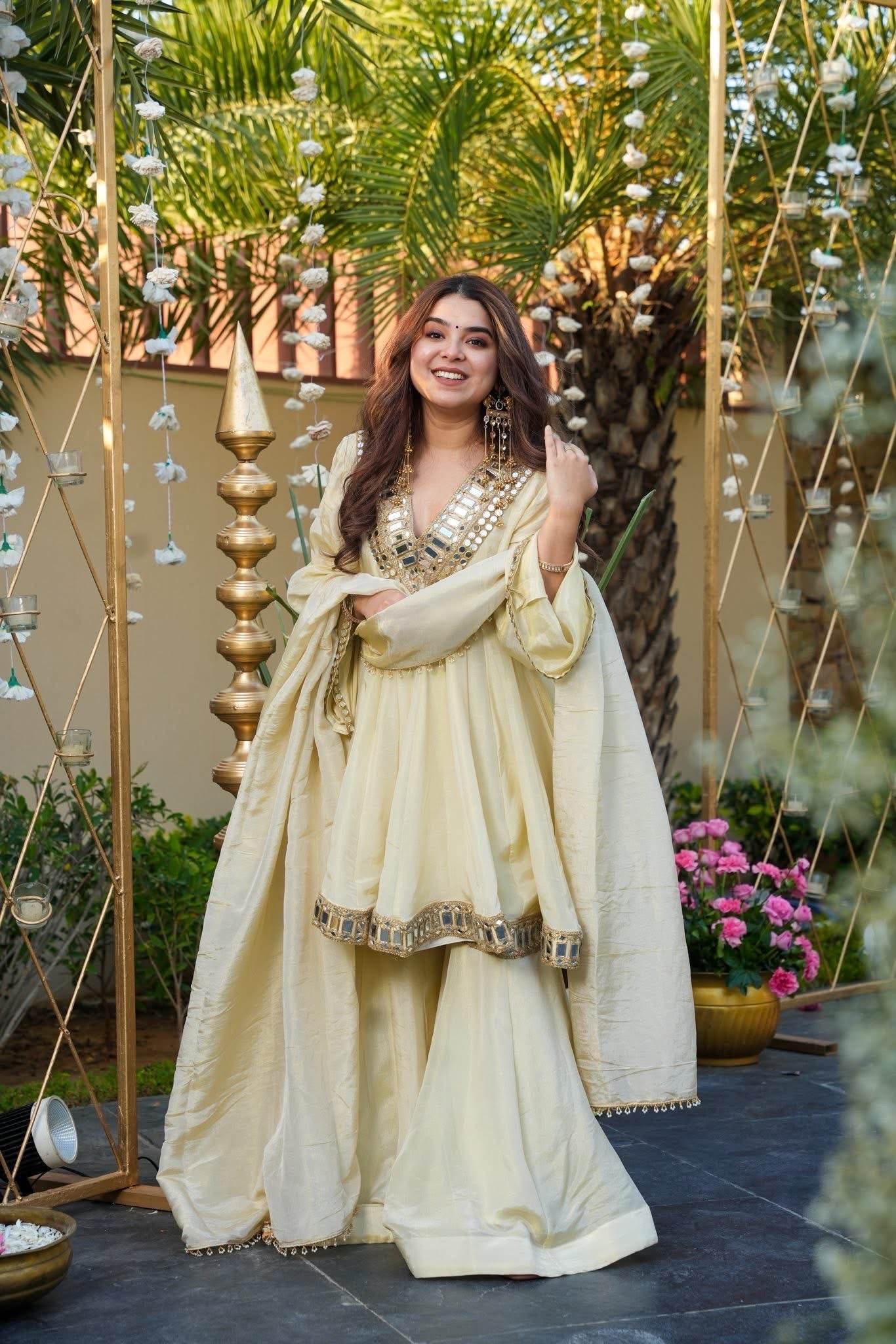 Anarkali With Sharara & Dupatta Ivory Color Heavy Mirror Embellished