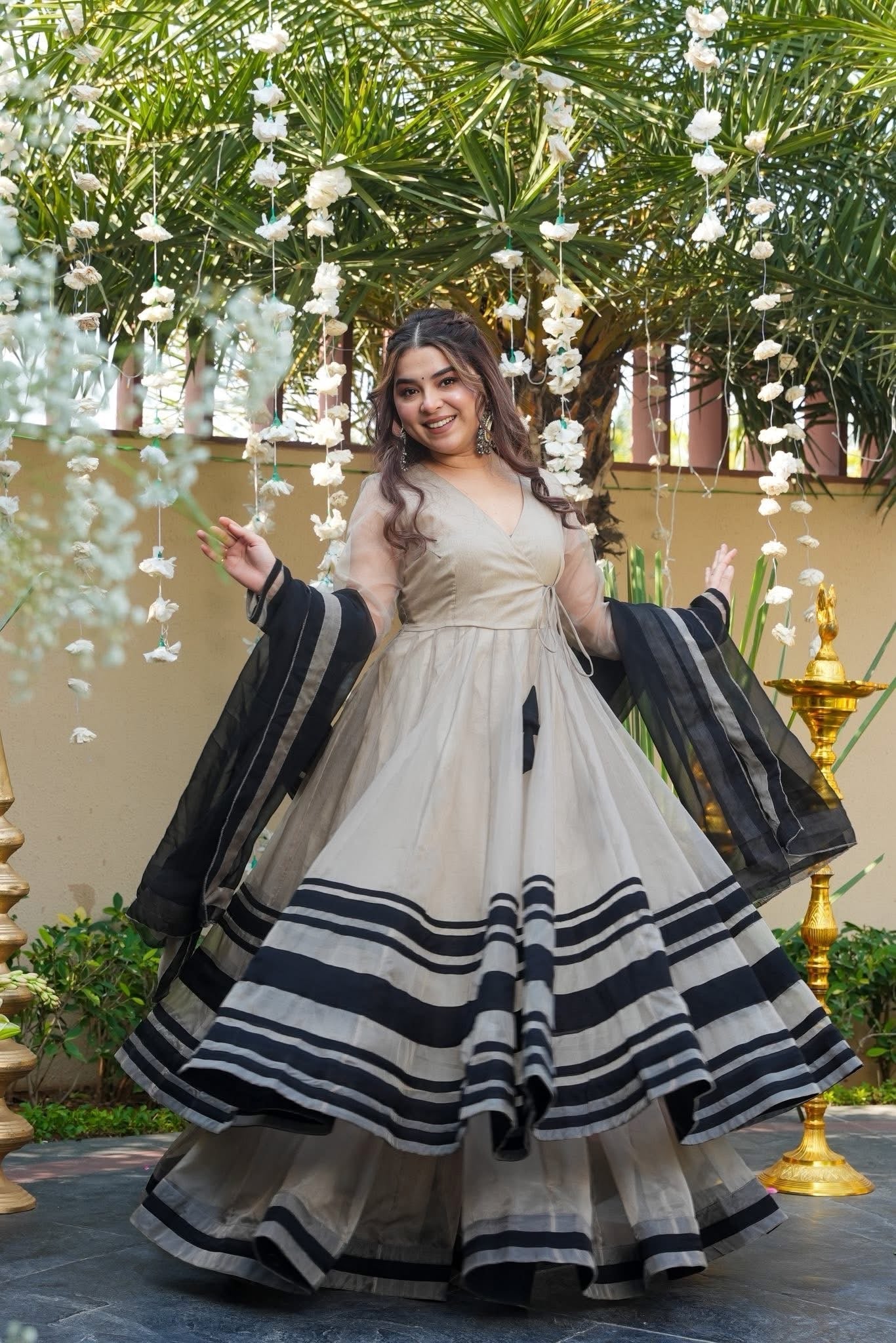 Premium Ivory Organza Anarkali Gown with Grand Flare