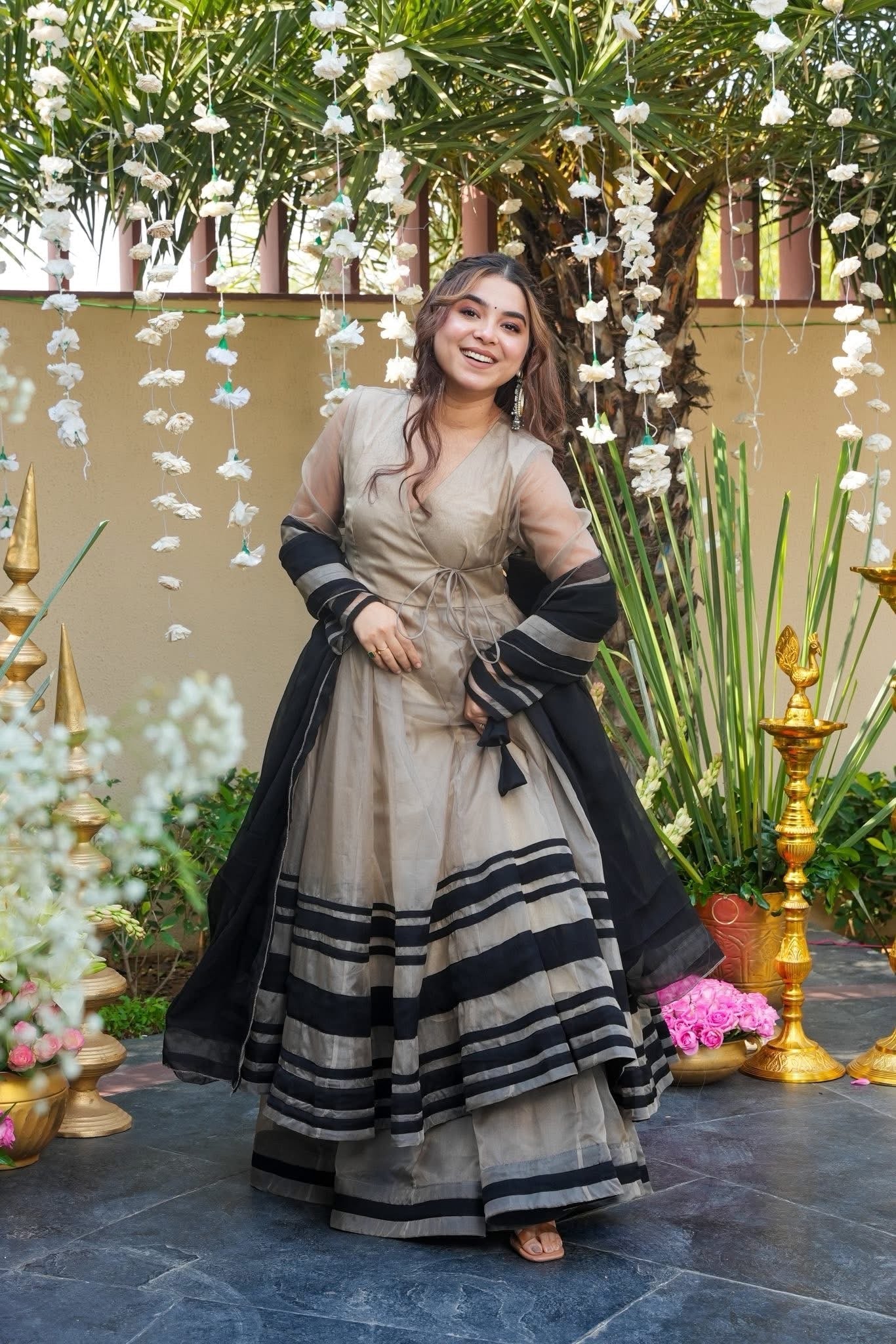 Premium Ivory Organza Anarkali Gown with Grand Flare
